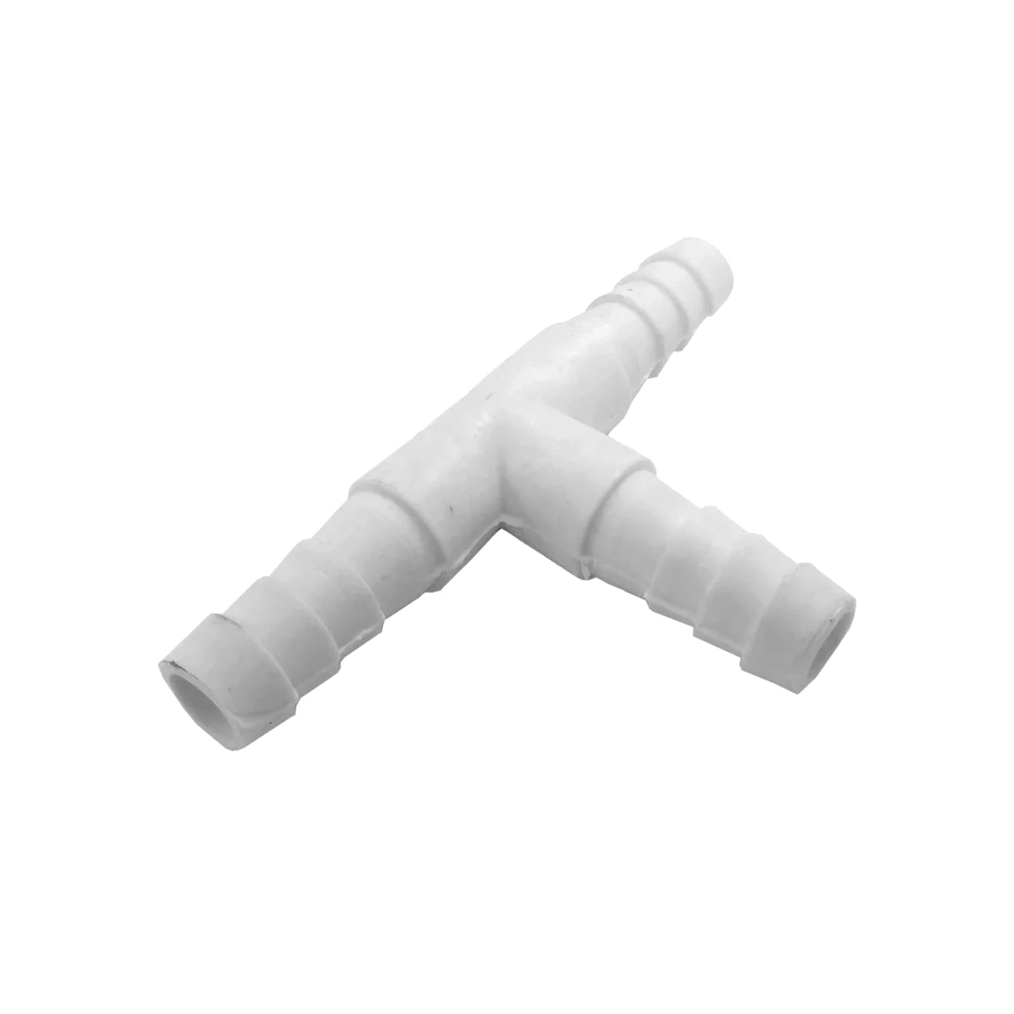 Unión tipo T de plástico blanco con espigas, conector de manguera de derivación