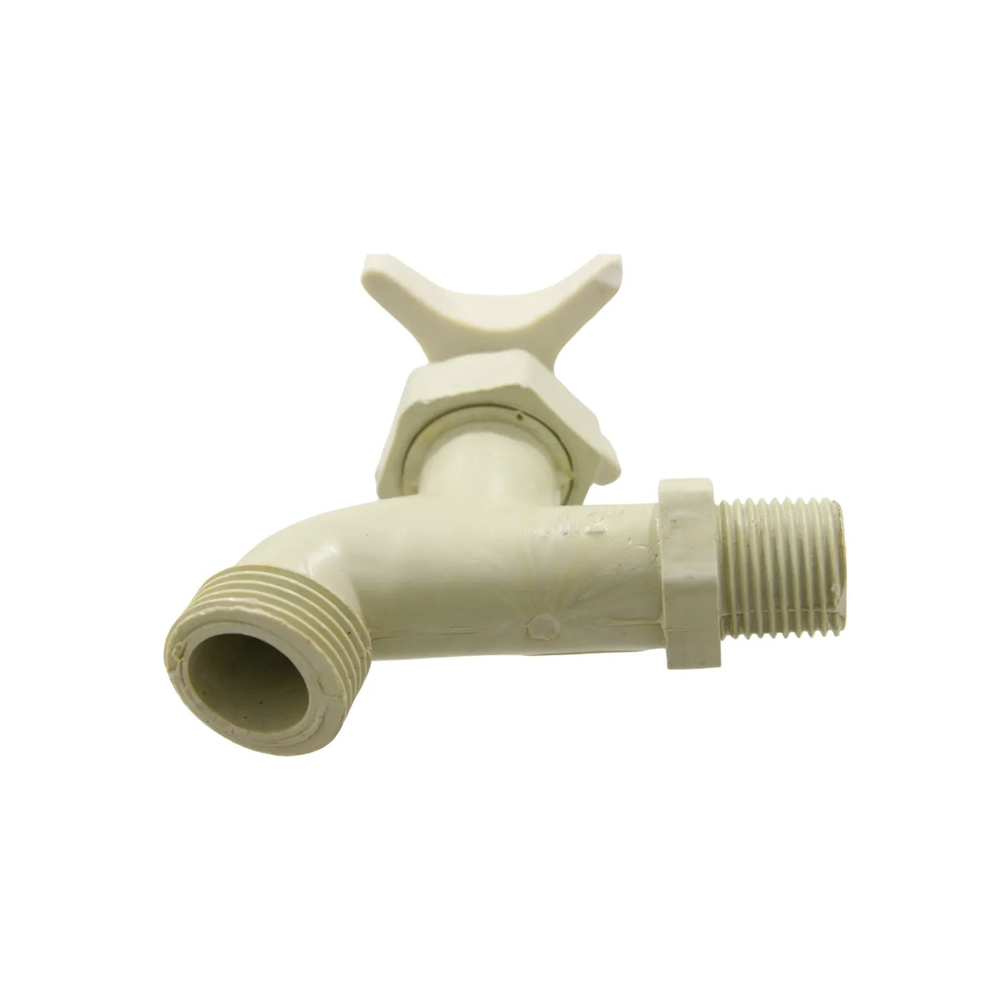 Llave de jardín plástica color beige con manija tipo mariposa y conexiones roscadas para exterior.