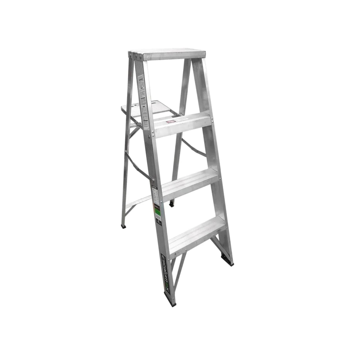 Escalera de 1.22 m de altura.,Tirantes anti pellizcos.,Tapa plástica verde.,Peldaños y tacones antiderrapantes.