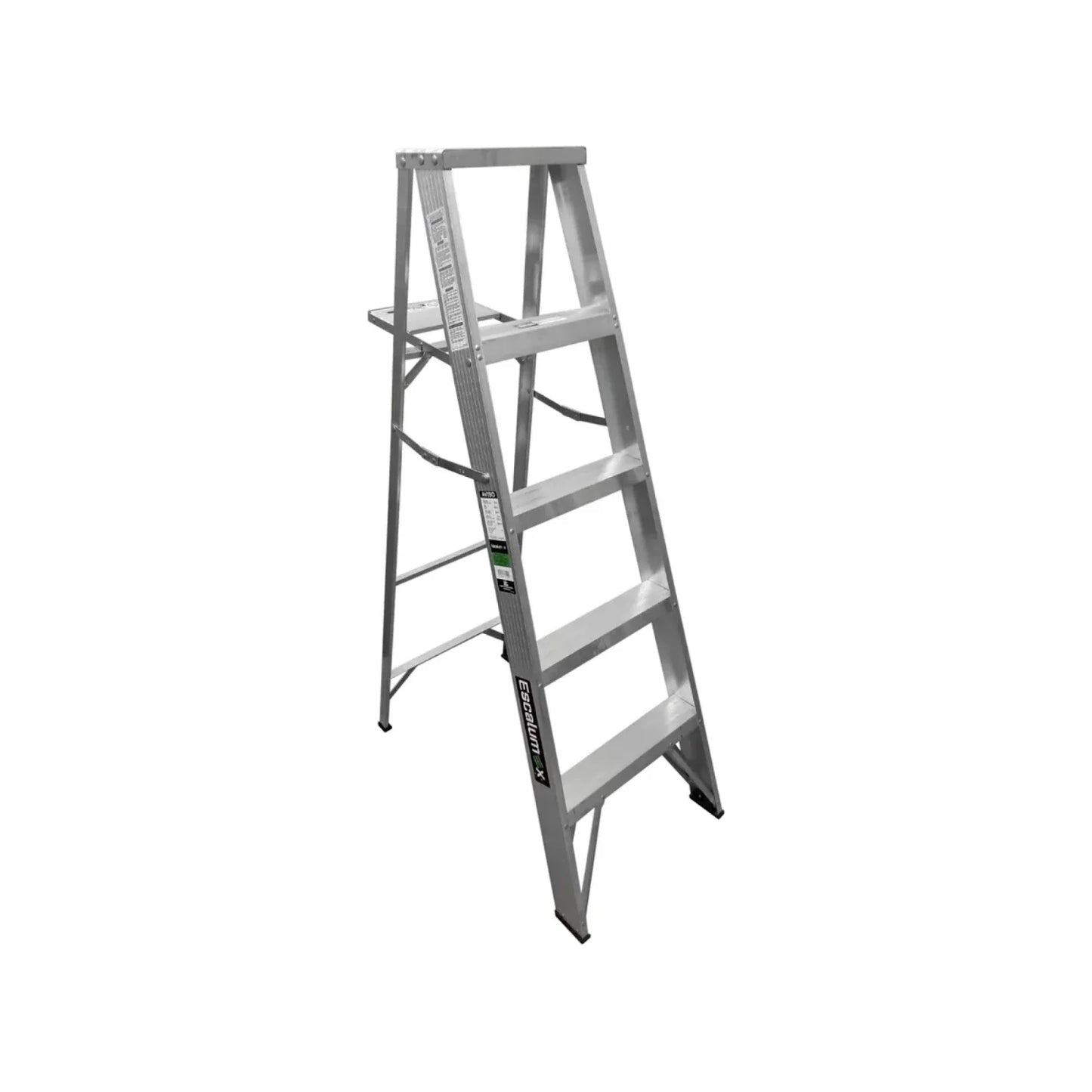 Escalera de 1.52 m de altura.,Tirantes anti pellizcos.,Tapa plástica verde.,Peldaños y tacones antiderrapantes.