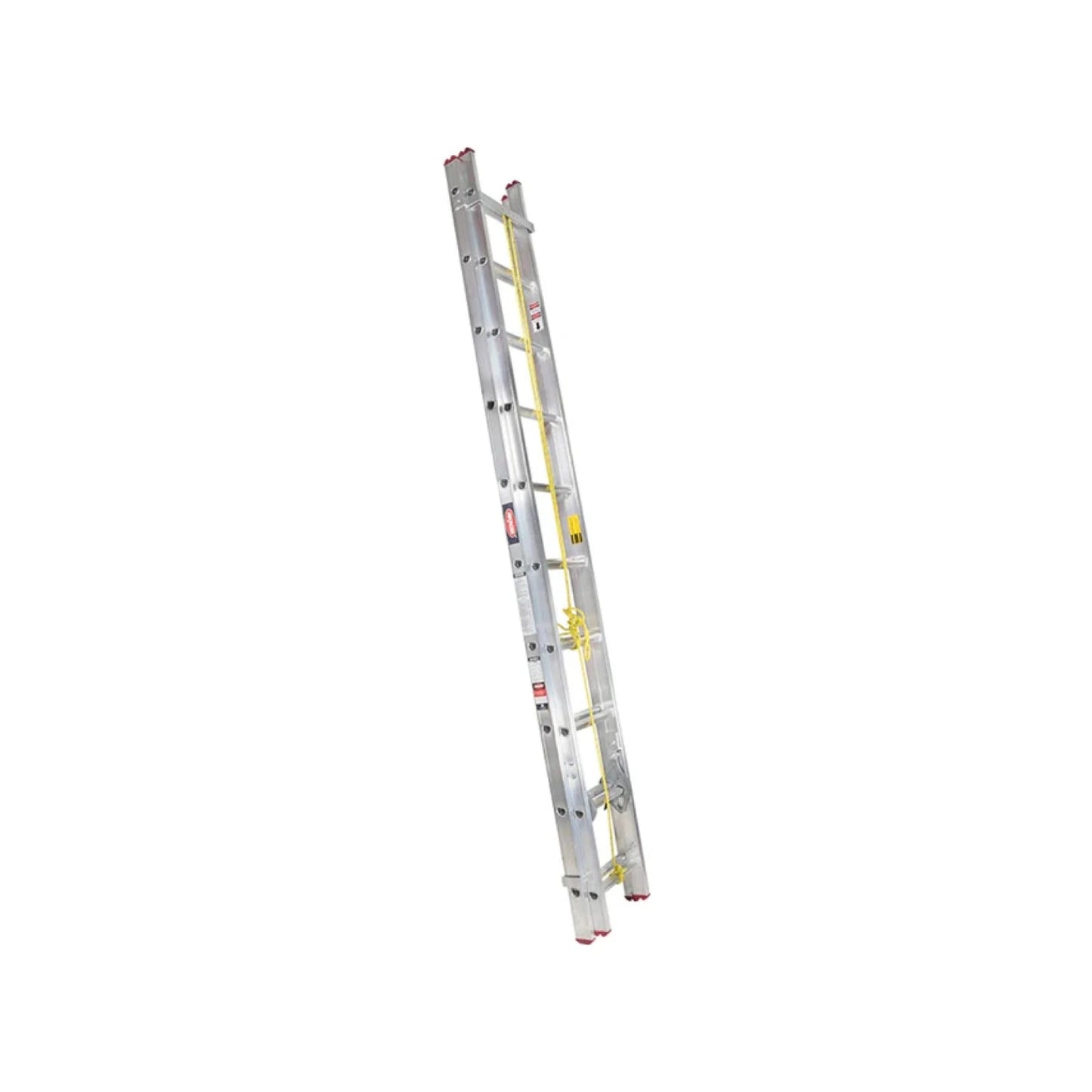 Escalera de extensión de aluminio con 20 peldaños, cuerda amarilla y topes rojos, ideal para trabajos de altura y construcción.
