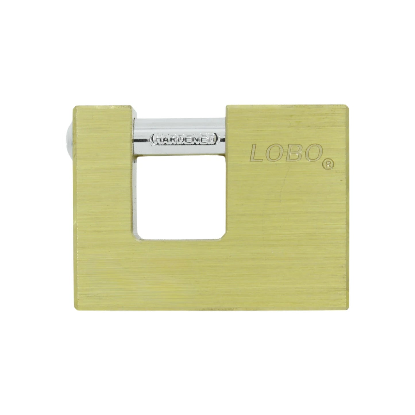 Candado tipo cortina LOBO dorado de latón con grillete endurecido para seguridad.