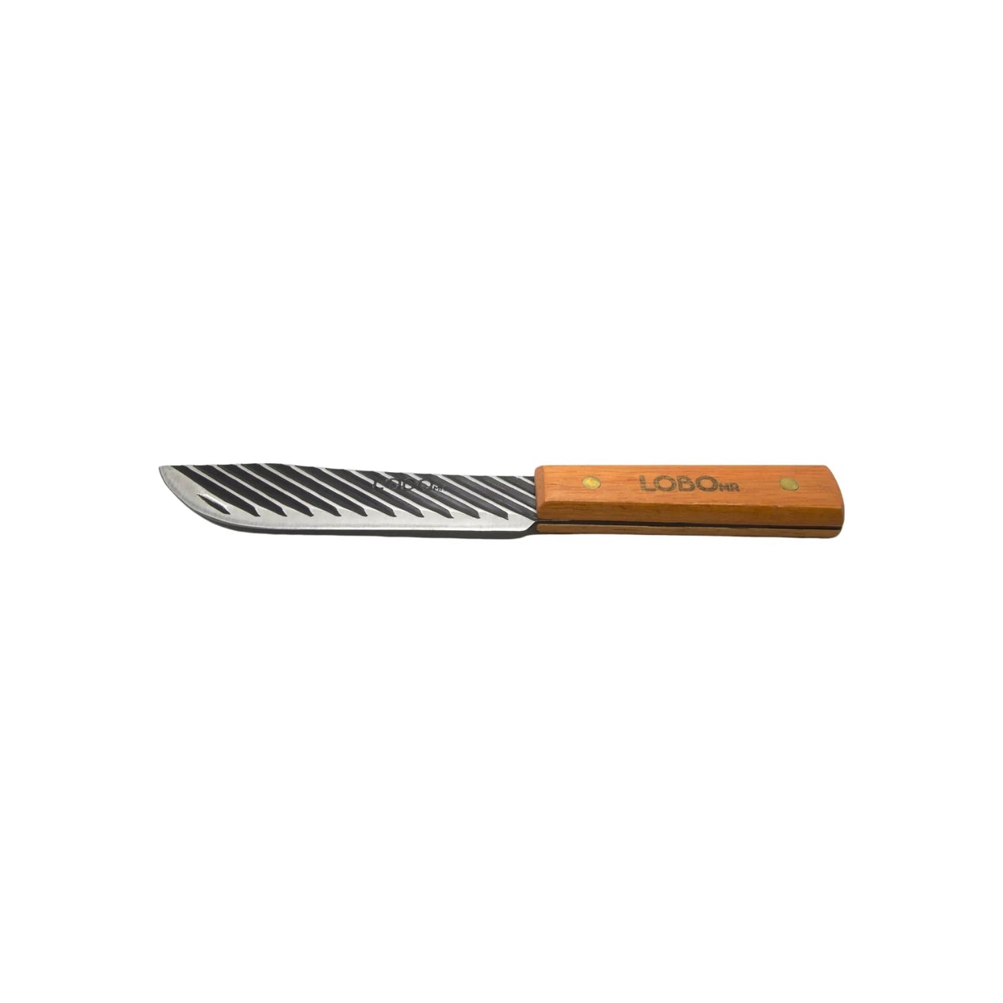 Cuchillo de carnicero marca Lobo con hoja de acero inoxidable y mango de madera, patrón de rayas diagonales