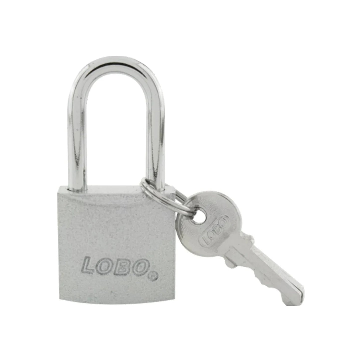 Candado de seguridad LOBO de metal plateado con llave, perfecto para asegurar puertas y casilleros.
