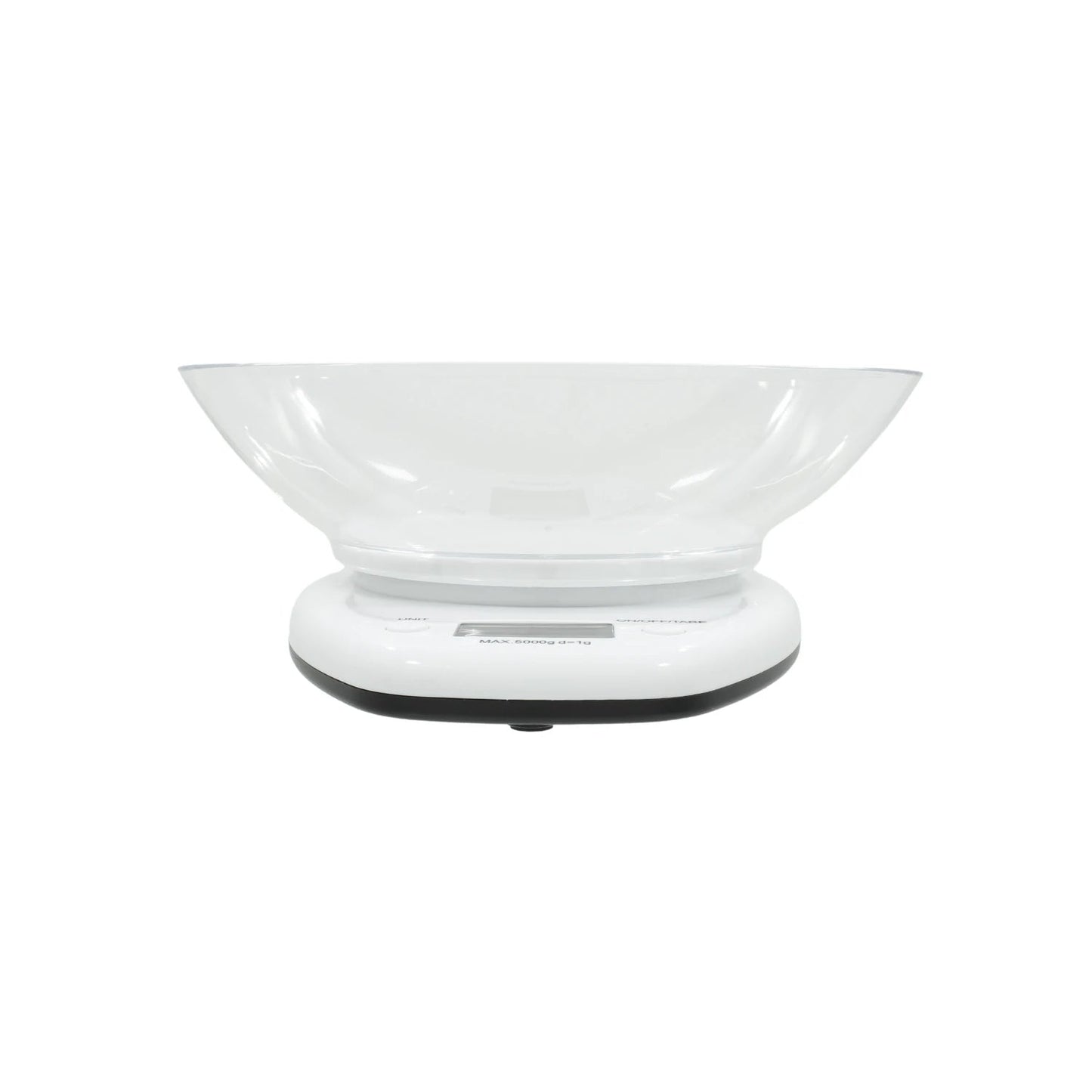 Báscula de cocina digital blanca con tazón transparente para pesar alimentos hasta 5kg, precisión de 1g