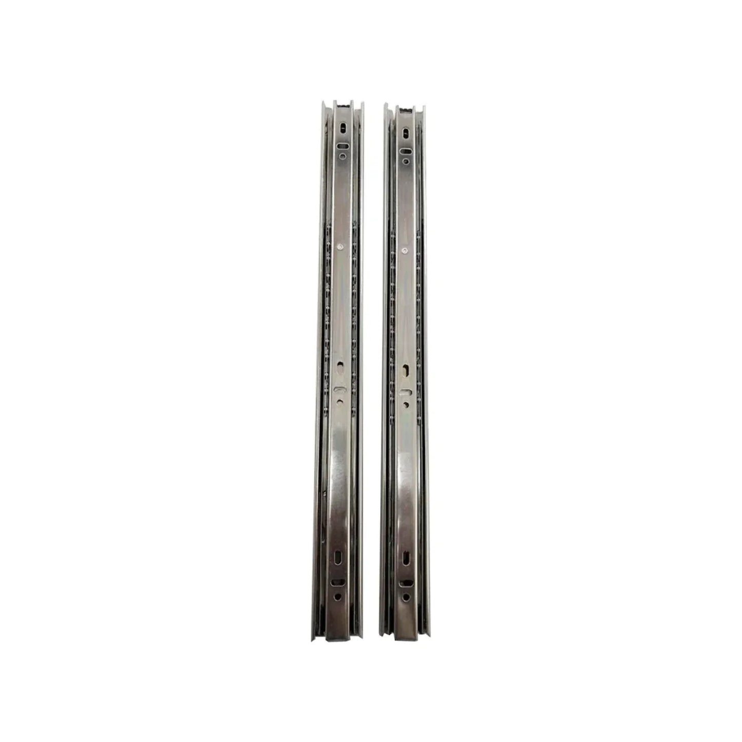 Fabricada en acero.,Corredera de 300 mm acabado niquelado.,Corredera de extensión de 12",Corredera de extensión total delgada de 30 mm