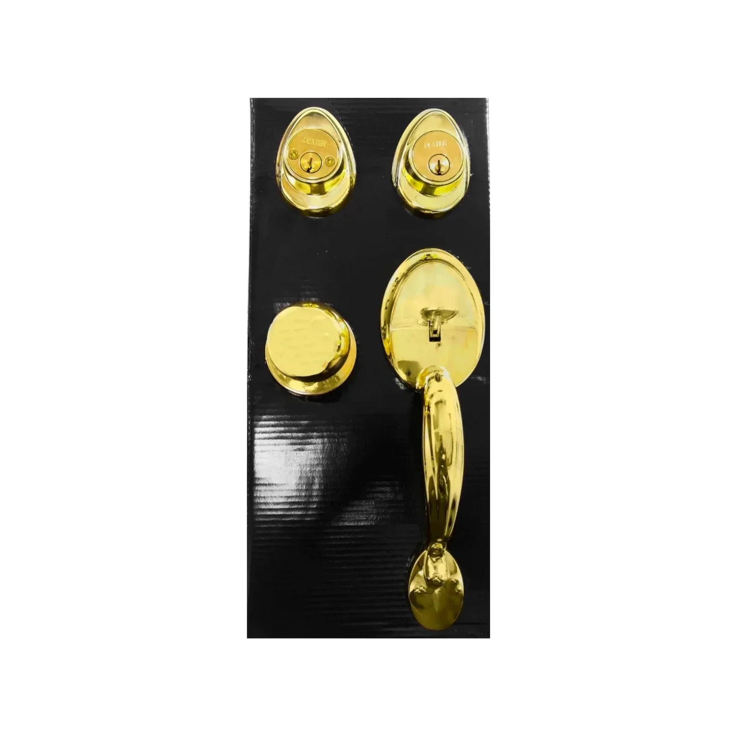 Chapa para puerta principal.,Mecanismo interior y exterior de llave estándar.,Modelo Dalton acabado latón brillante.,Backset ajustable de 2 3/8" a 2 3/4"