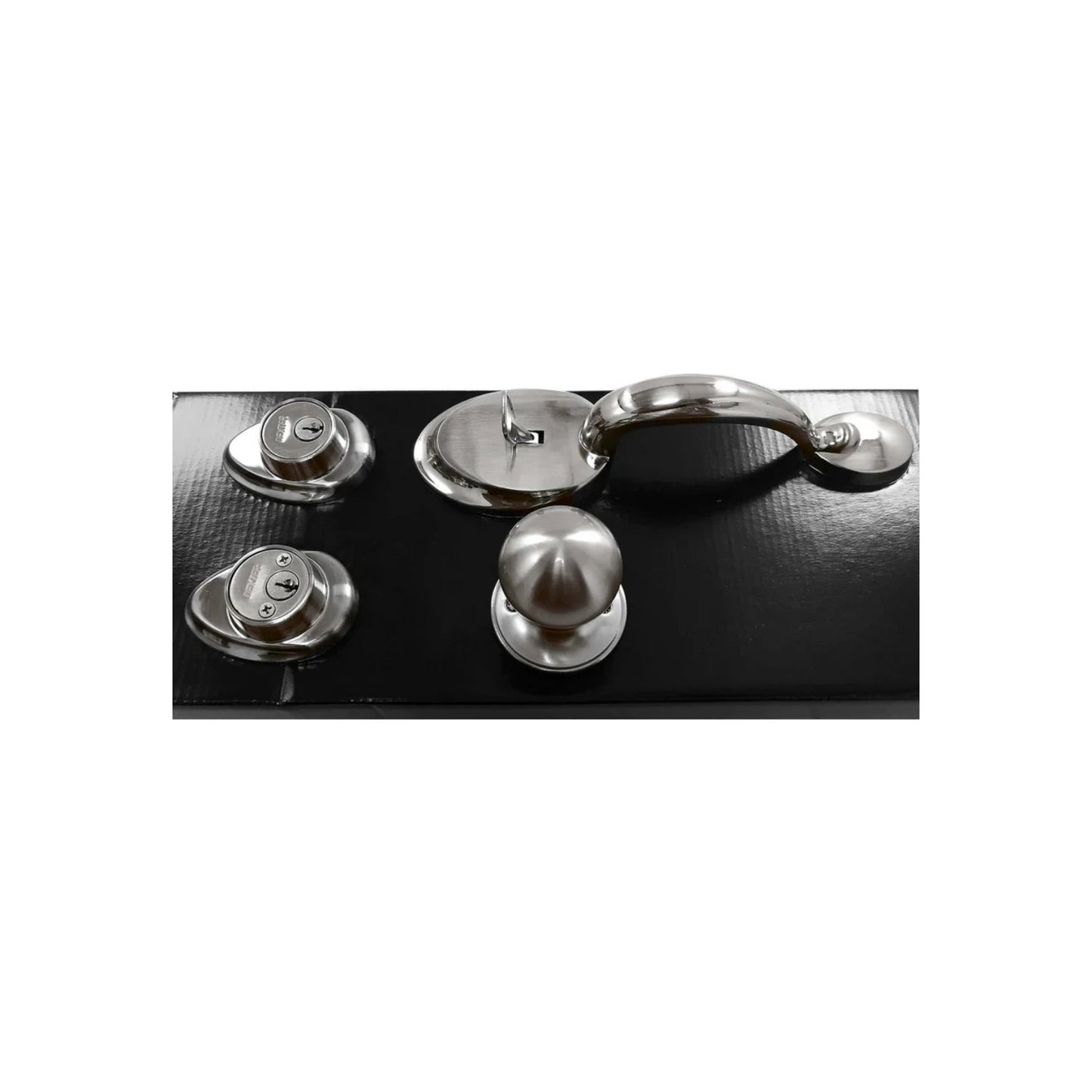 Juego de cerraduras Dexter cromadas: dos deadbolts, manija de entrada con cerrojo y perilla para puerta.