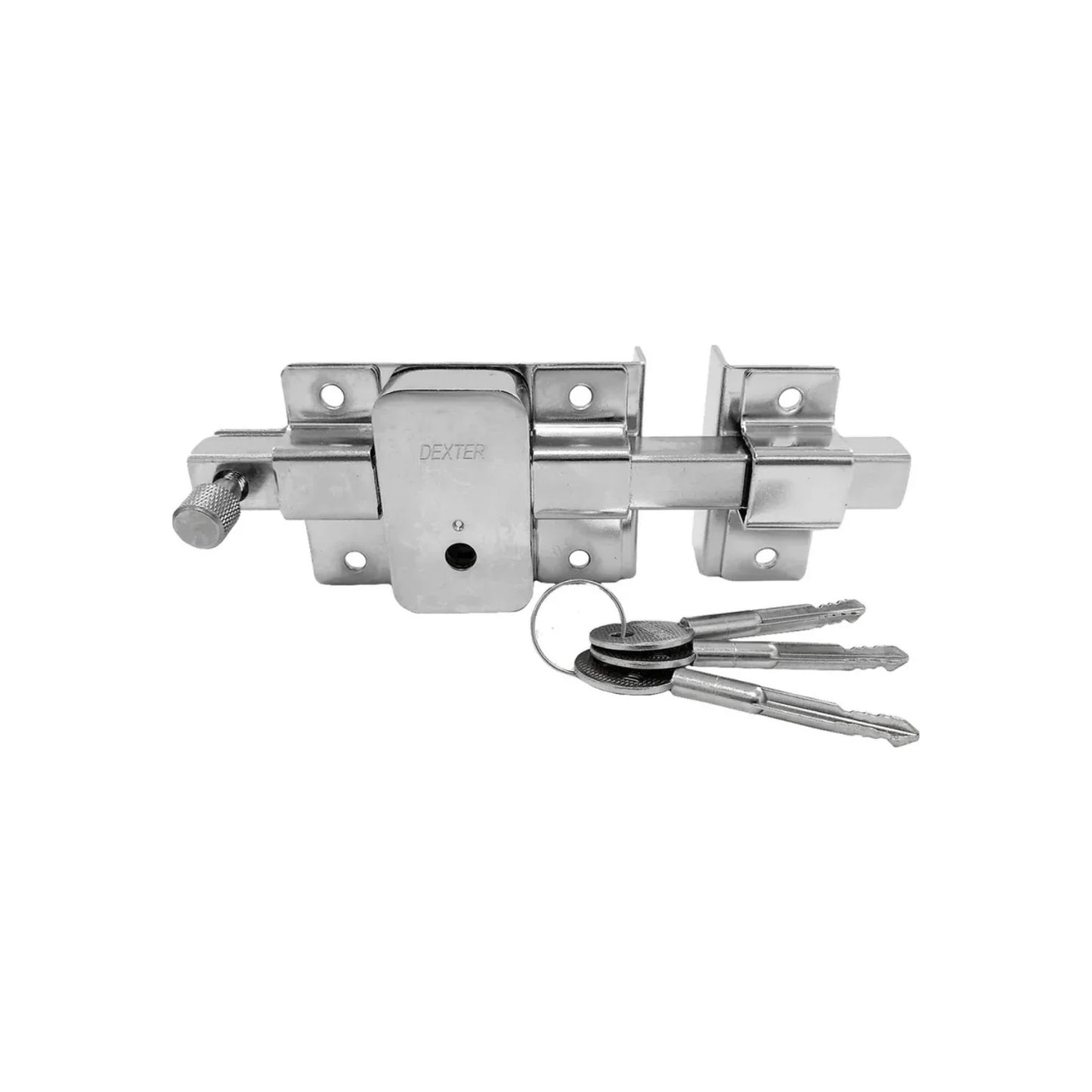 Chapa de barra fija.,Con cerrojo integrado de acero solido de una sola pieza.,Se acciona con o sin llave desde el interior.,Cerrojo de función fija con 3 llaves. tetra.,Agujeros de sujeción universal que facilita su instalación y reposición.