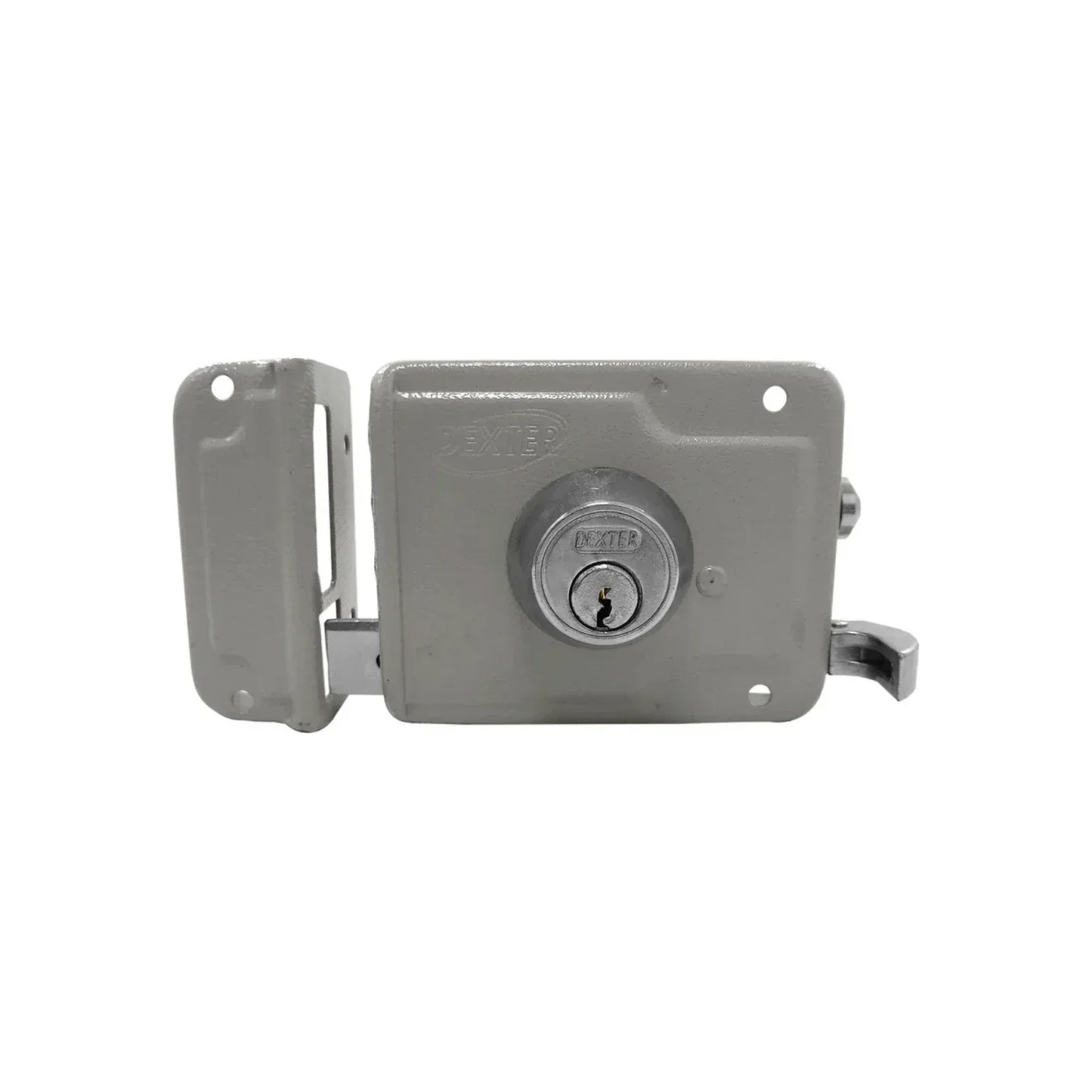 Chapa para entrada.,Caja de acero una sola pieza embutida.,Seguro que mantiene picaporte adentro o afuera.,Cerradura con 3 llaves. estándar y 3 bulones hexagonales.,Pestillo automático retráctil desde el exterior con llave e interior con manija.