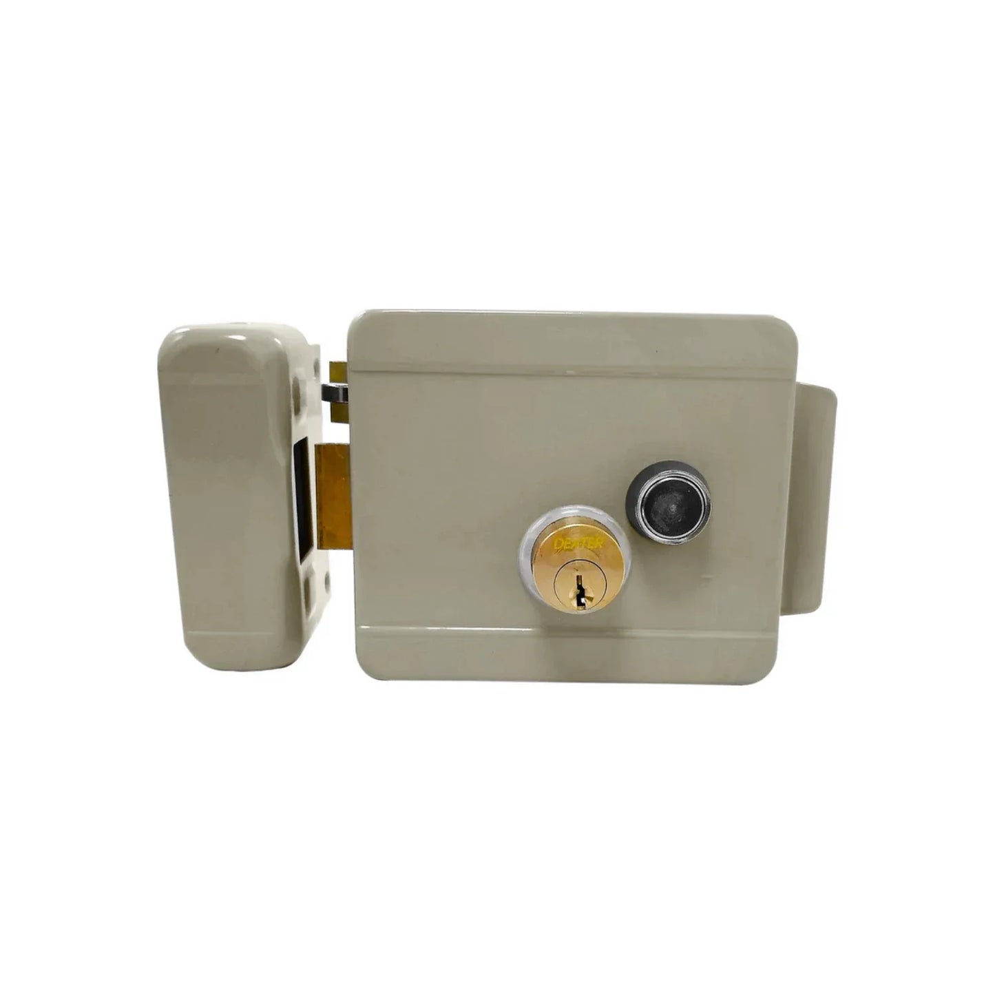 Chapa para entrada principal eléctrica.,Acabado beige.,Chapa derecha con botón pulsador.,Incluye 3 llaves..estándar y backset de 60 mm,Para puertas de metal o de madera.