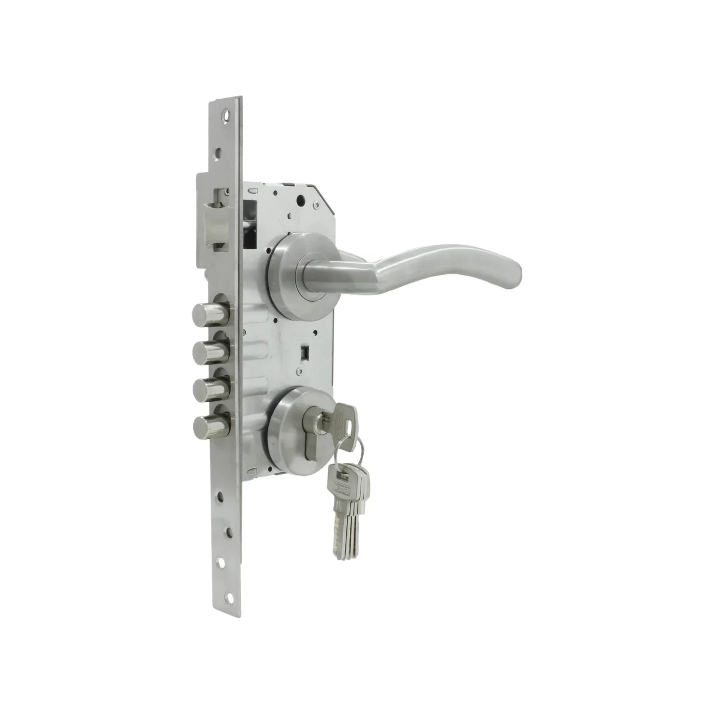 Chapa para entrada principal.,Linea de cerraduras con diseños innovadores.,Cerradura con mecanismo de embutir de 2 pasos, con pestillo y 4 bulones.,Llave al exterior y llave al interior.,Para puertas de madera o metal de 35 - 45 mm,Manija tipo "U",Juego de 5 llaves multipunto.,Cilindro de 60 mm