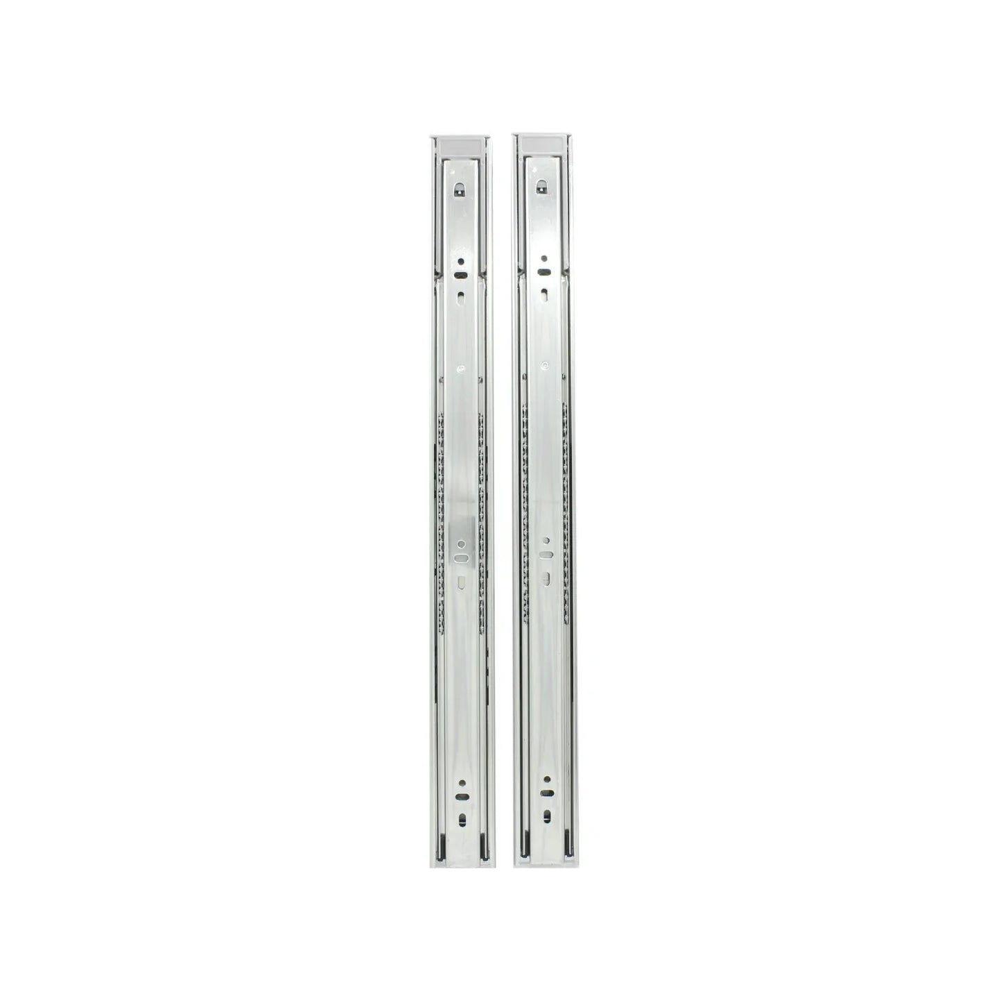 Fabricada de acero., Longitud: 50 cm (20”), Ancho: 45 mm, Embalada., Capacidad de carga: 35 kg por juego., Telescópica de 3 pasos., Acabado: Niquelado., Contenido: Juego para un cajón.