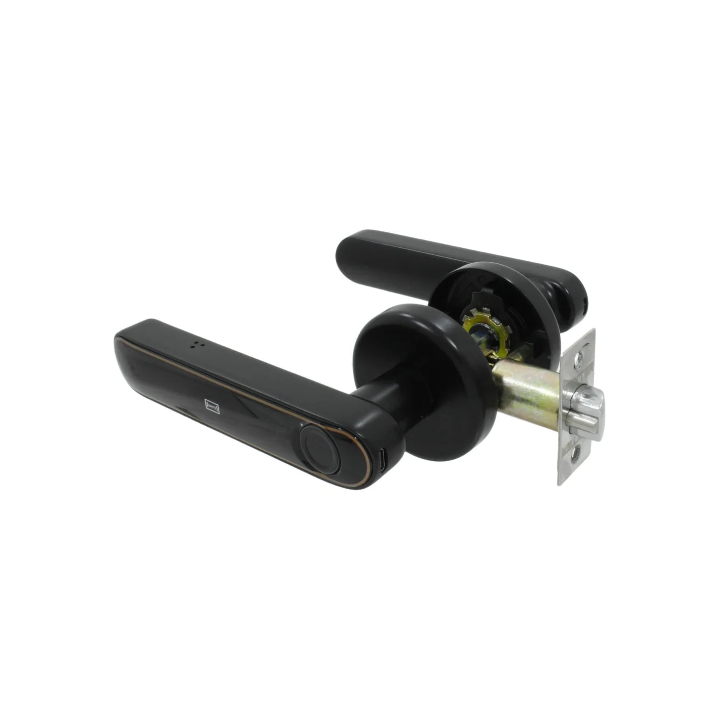 Apertura por medio de App, Reconocimiento de huella., Contraseña numérica., Apertura con llave., Tarjeta de desbloqueo., Mecanismo tubular., Backset ajustable de 60 mm (2 3/8”) o 70 mm (2 3/4")., Para puertas con espesor de 30 a 50 mm (1 3/16” a 2”)., Sirve para puertas izquierdas o derechas., Se puede usar en instalaciones nuevas o usadas., Tecnología IMD, Requiere de 4 baterías AAA (no incluidas).