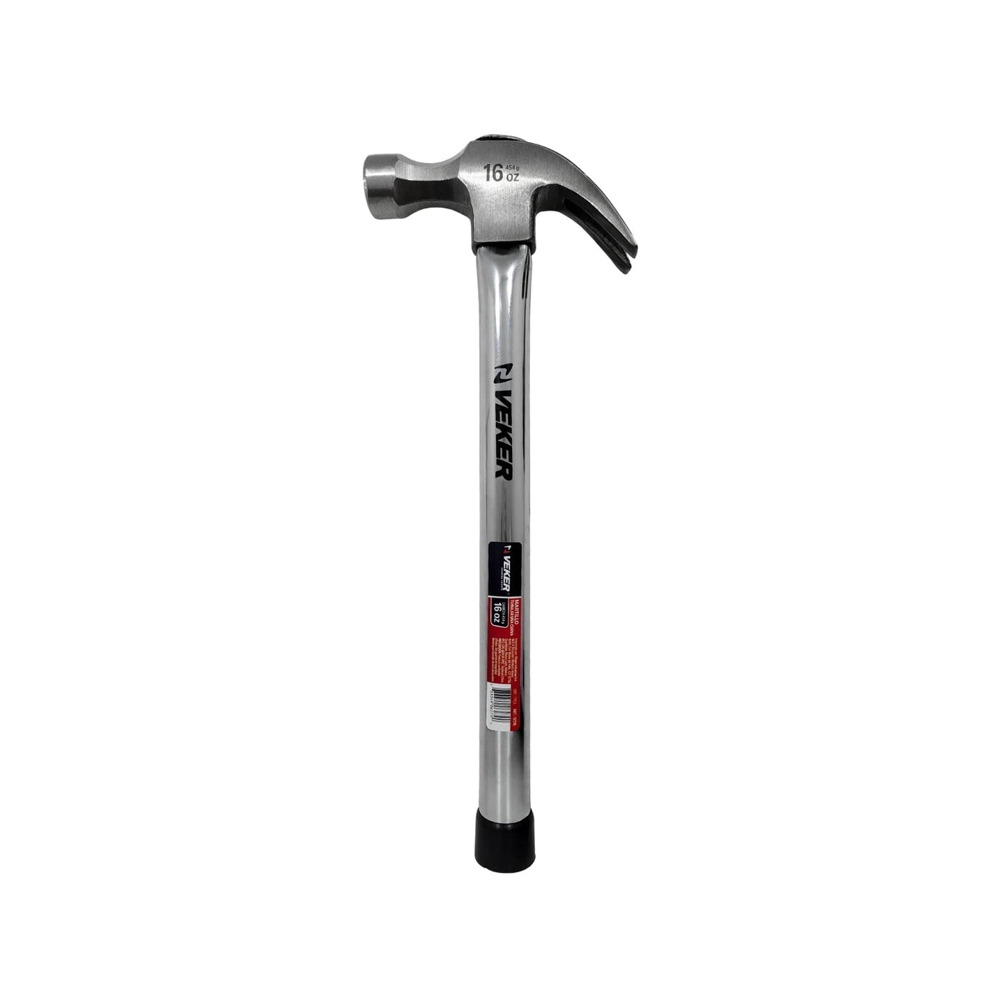 Martillo Veker 16 oz (454g) con uña curva y cabo tubular plateado. Herramienta de golpe y extracción.