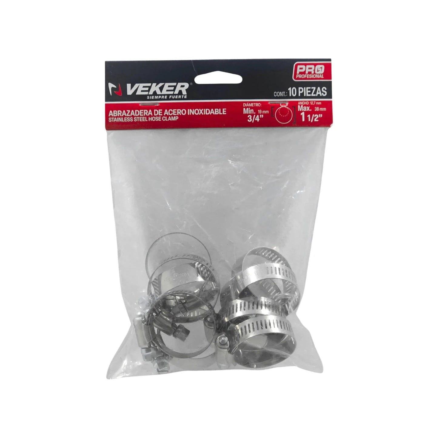 Abrazaderas sin fin Veker de acero inoxidable 19mm a 38mm (3/4" - 1 1/2"), paquete de 10 piezas.