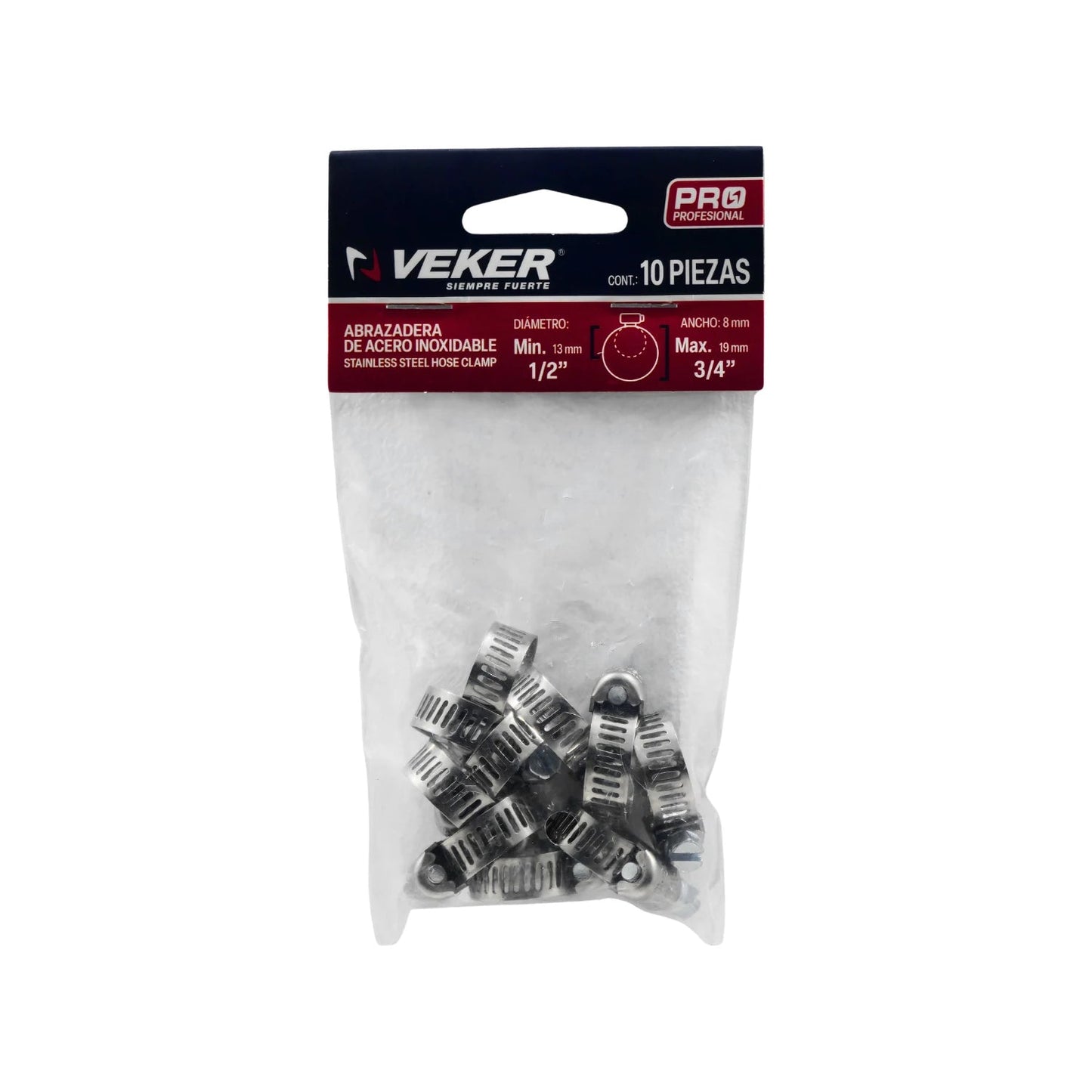 Abrazaderas sin fin mini Veker de acero inoxidable, 10 piezas, rango 1/2" a 3/4", calidad profesional.