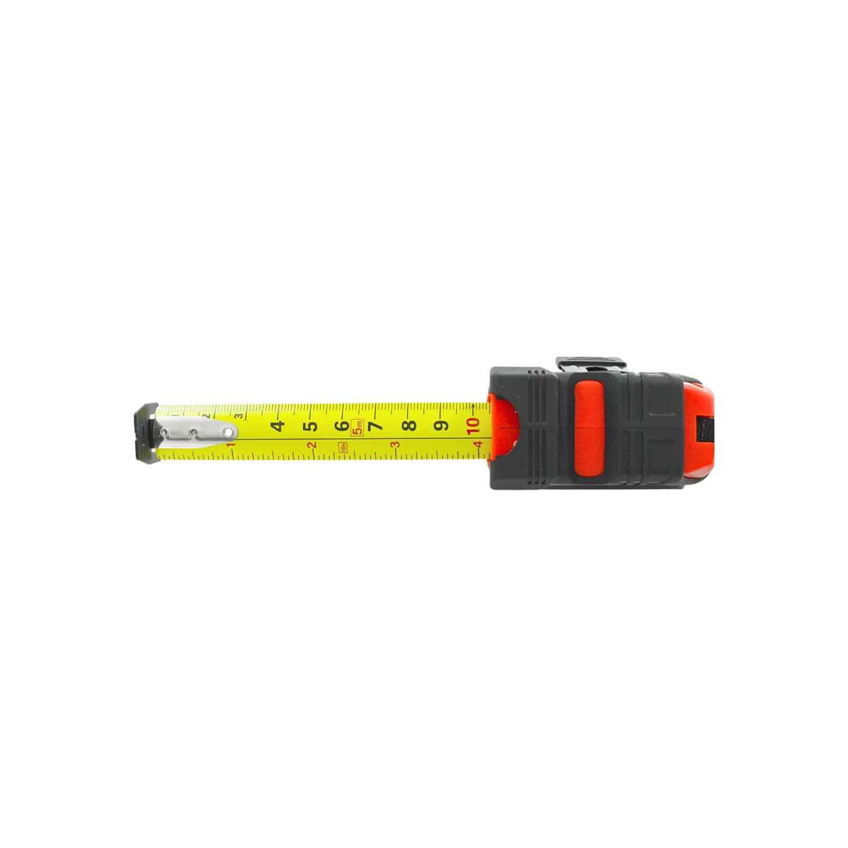 Flexómetro retráctil de 5m con cinta amarilla de acero y carcasa ergonómica color negro con naranja