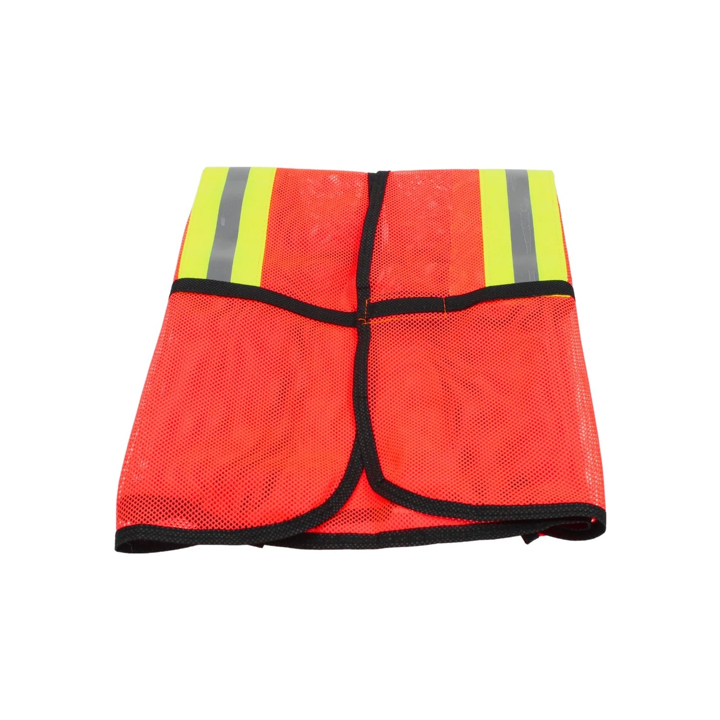 Chaleco de seguridad naranja de malla transpirable con franjas reflectantes amarillas para alta visibilidad.