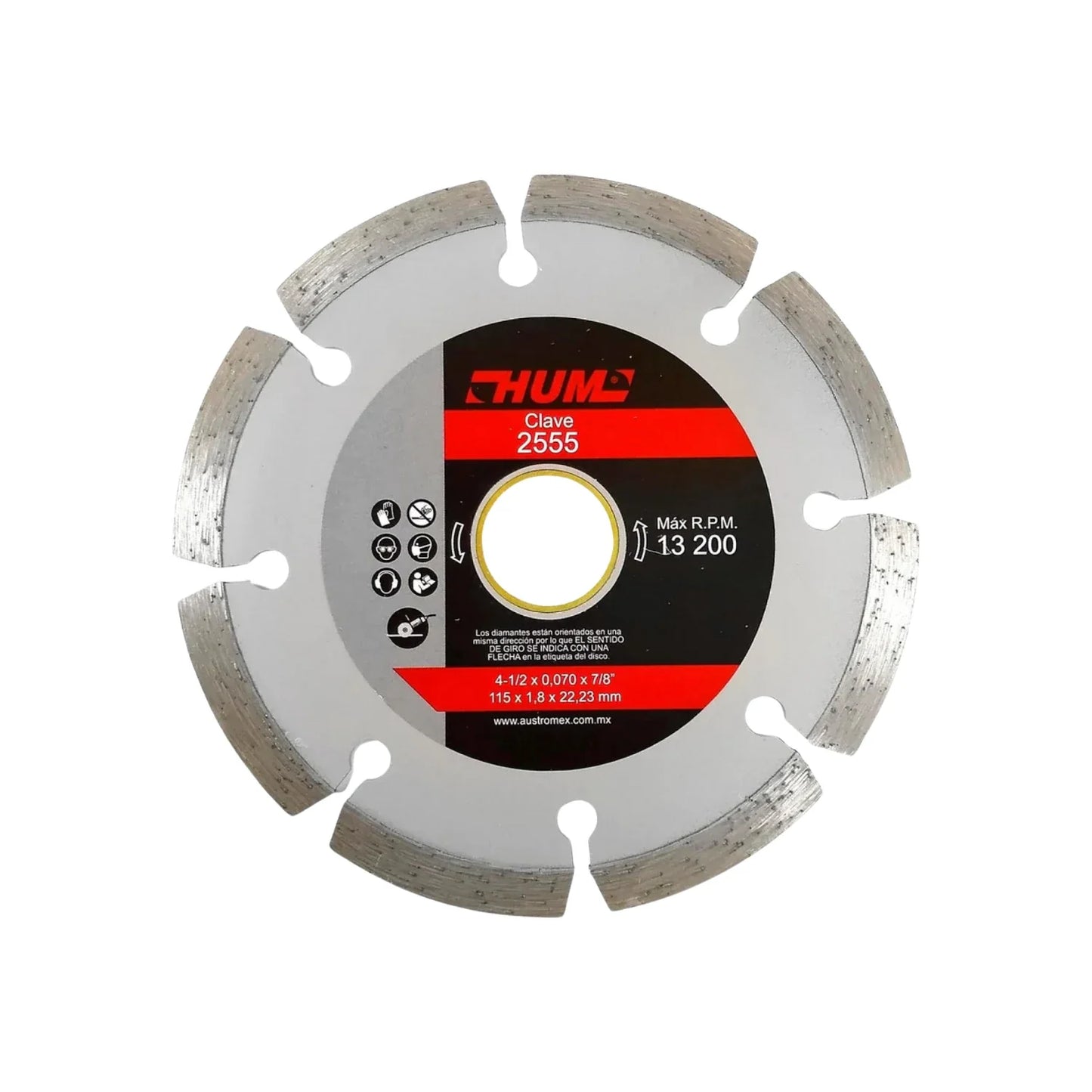 Disco de diamante segmentado.,Corte de materiales de la construcción en general.,Diámetro: 4 1/2"(114 mm).,Eje: 7/8"(22.23 mm).,Espesor: 1.8 mm,Velocidad 13200 RPM,Uso no intensivo.,Ideal para cortes en concreto, mármol, granito o cantera.,Usar guantes y lentes de protección al momento de su uso.