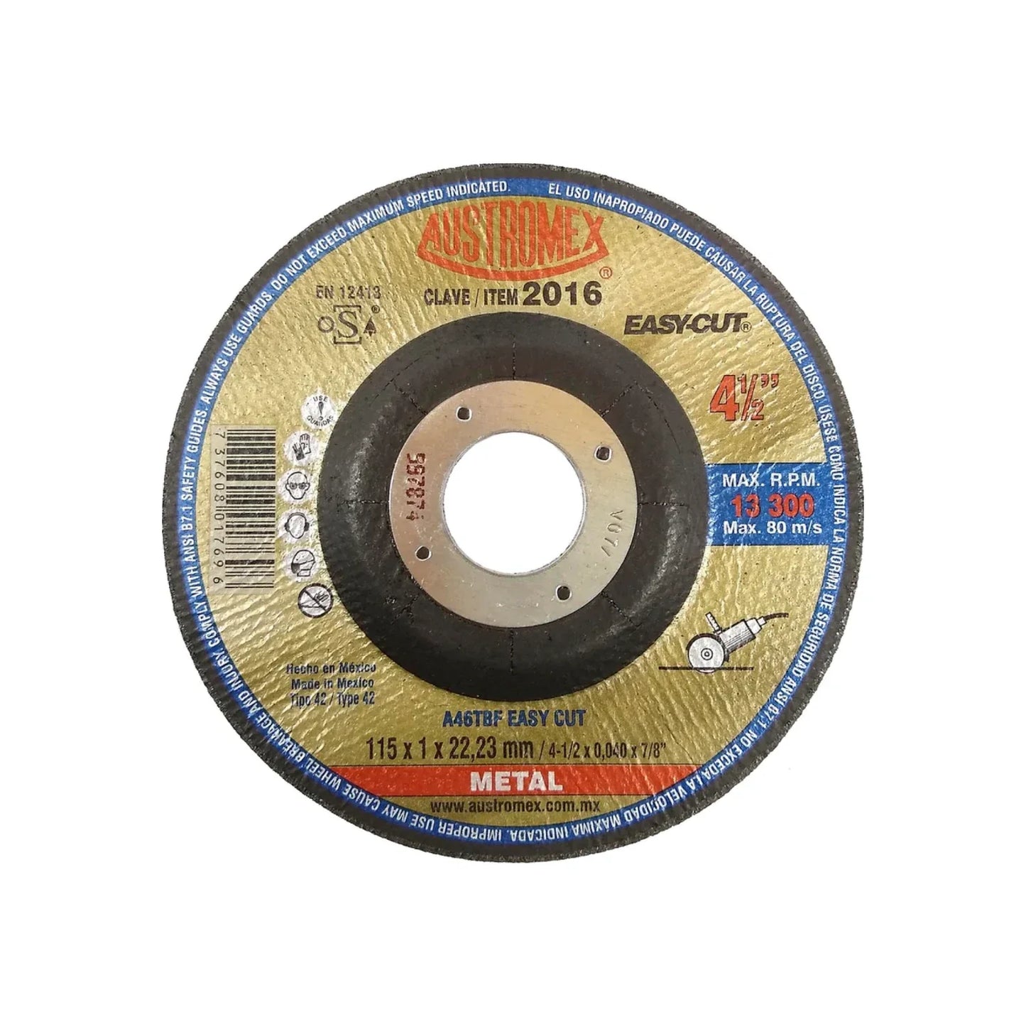 Elaborado con óxido de aluminio.,Corte metal.,Diámetro: 4 1/2"(114 mm).,Eje: 7/8"(22.23 mm).,Espesor: 3/64"(1 mm).,Tipo 42,Velocidad 13300 RPM,Para corte súper preciso.,Se requiere adaptador para el correcto montaje de disco para centro deprimido.,Usar guantes y lentes de protección al momento de su uso.