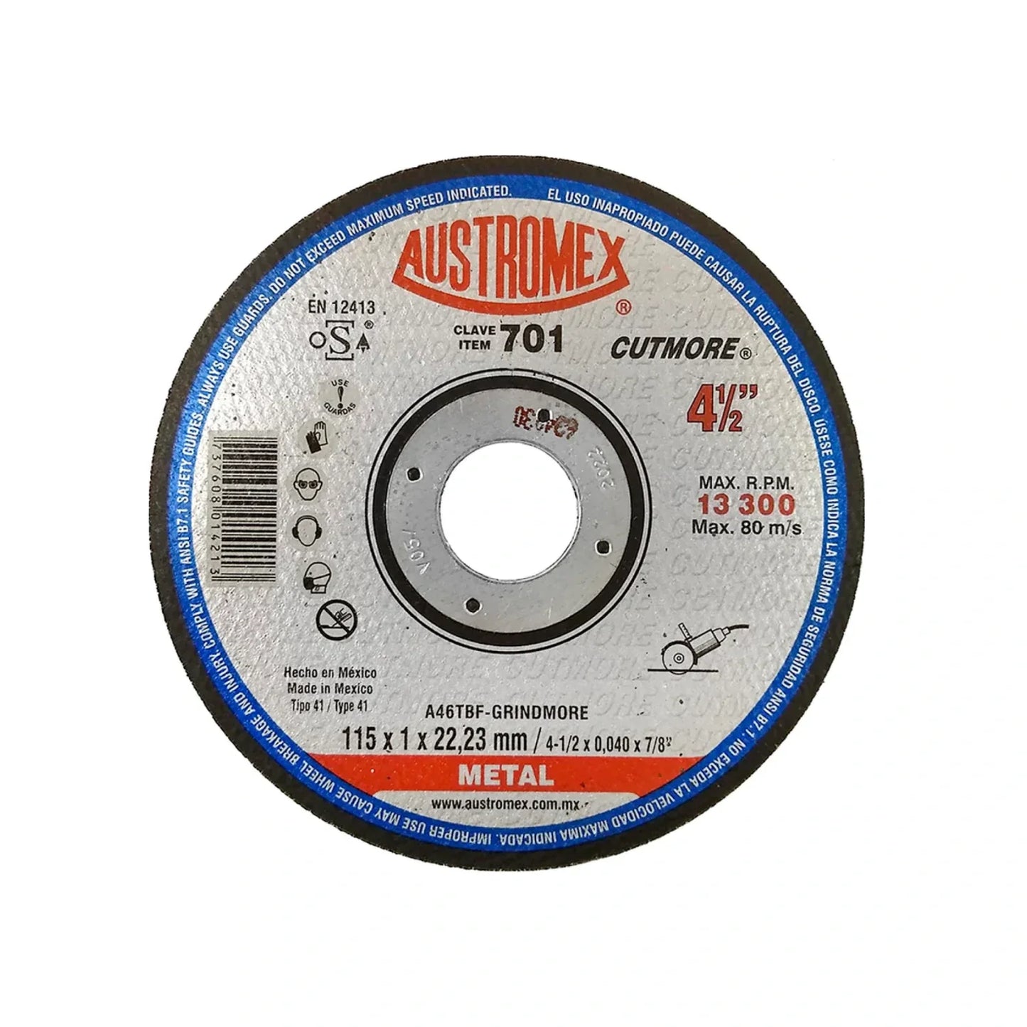 Elaborado con óxido de aluminio.,Corte metal.,Diámetro: 4 1/2"(114 mm).,Eje: 7/8"(22.23 mm).,Espesor: 3/64"(1 mm).,Tipo 41,Velocidad 13300 RPM,Nunca utilizar el disco mojado.,Usar guantes y lentes de protección al momento de su uso.