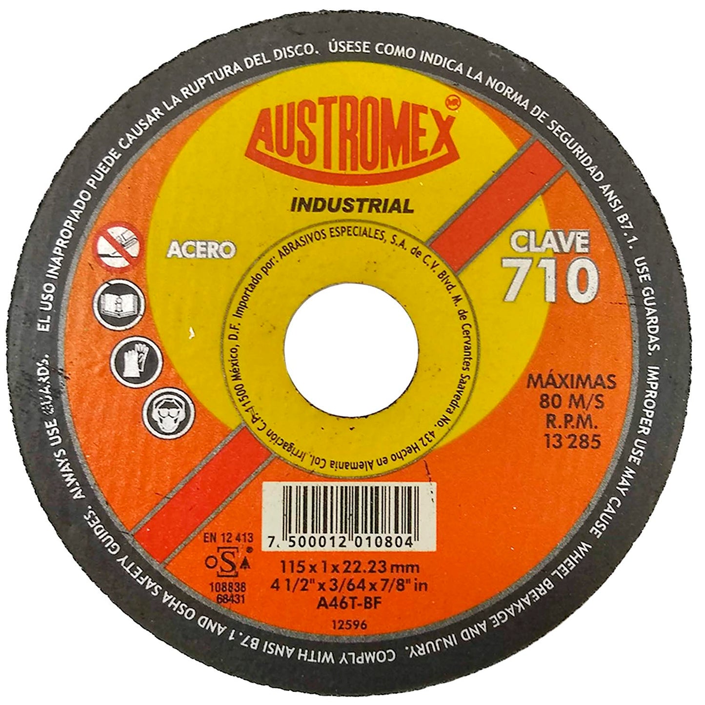 Elaborado con óxido de aluminio.,Corte de acero.,Diámetro: 4 1/2"(114 mm).,Eje: 7/8"(22.23 mm).,Espesor: 3/64"(1 mm).,Velocidad 13300 RPM,Utilice en una esmeriladora angular.,Para corte rápido de acero con un mÃnimo de rebaba.,Usar guantes y lentes de protección al momento de su uso.