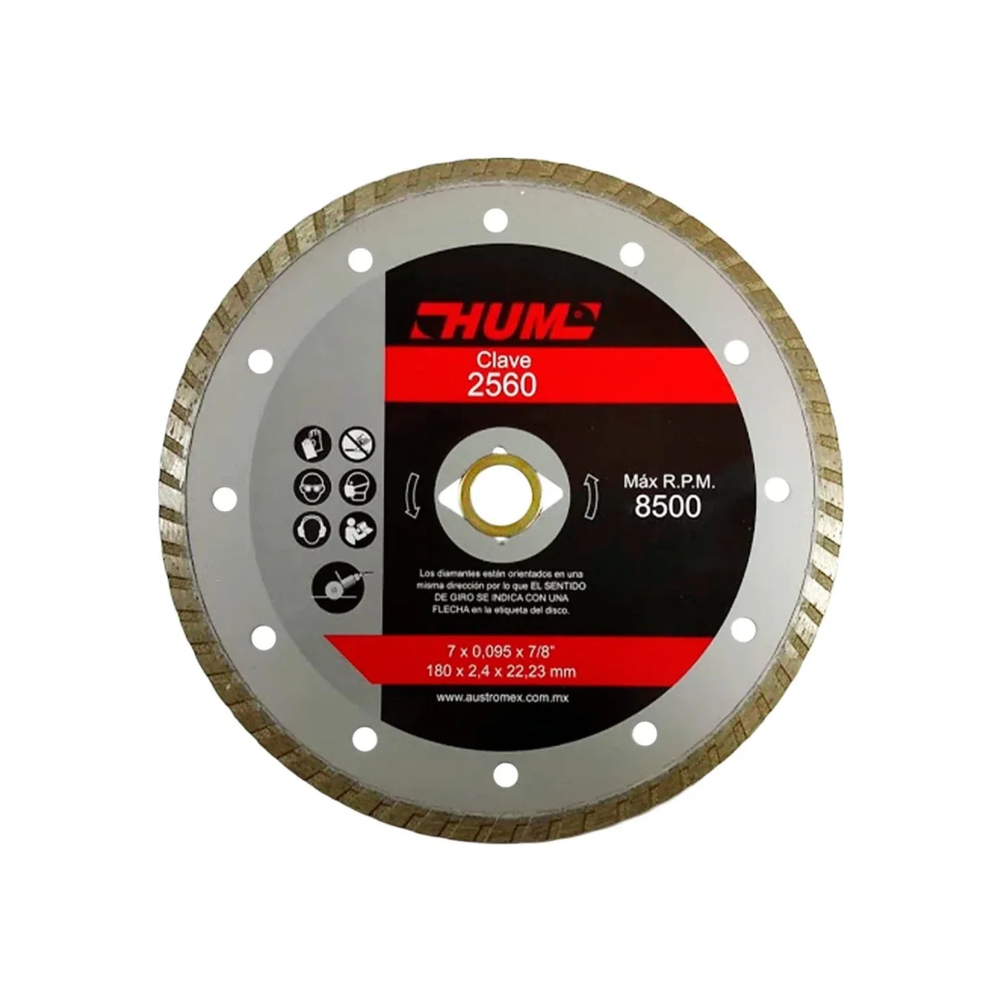 Disco diamantado corte turbo.,Corte para materiales de construcción.,Diámetro: 7"(180 mm,Eje: 7/8"(22.23 mm).,Espesor: 5/64" (2.3 mm).,Velocidad 8500 RPM,Ideal para corte de loseta cerámica, porcelanato y materiales duros donde el acabado sea un requerimiento importante.,Uso no intensivo.,la mejor relación precio-rendimiento.,Se puede utilizar con esmeriladora angular y sierra circular.,Usar guantes y lentes de protección al momento de su uso.