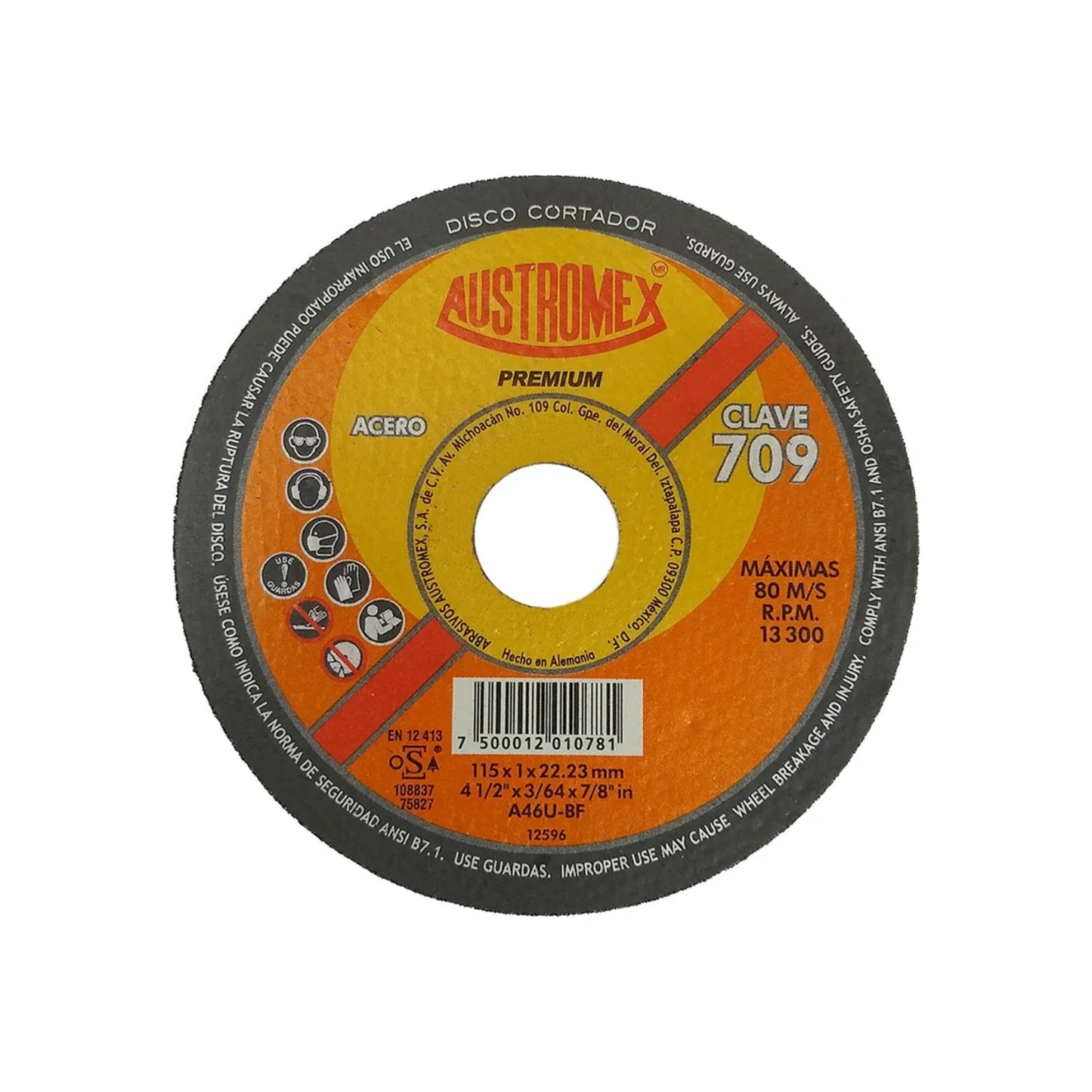 Elaborado con óxido de aluminio.,Corte metal.,Diámetro: 4 1/2"(114 mm).,Eje: 7/8"(22.23 mm).,Espesor: 3/64"(1 mm).,Velocidad 13300 RPM,No utilice para operaciones de desbaste.,Para corte rápido de metal con un mínimo de rebaba.,Usar guantes y lentes de protección al momento de su uso.