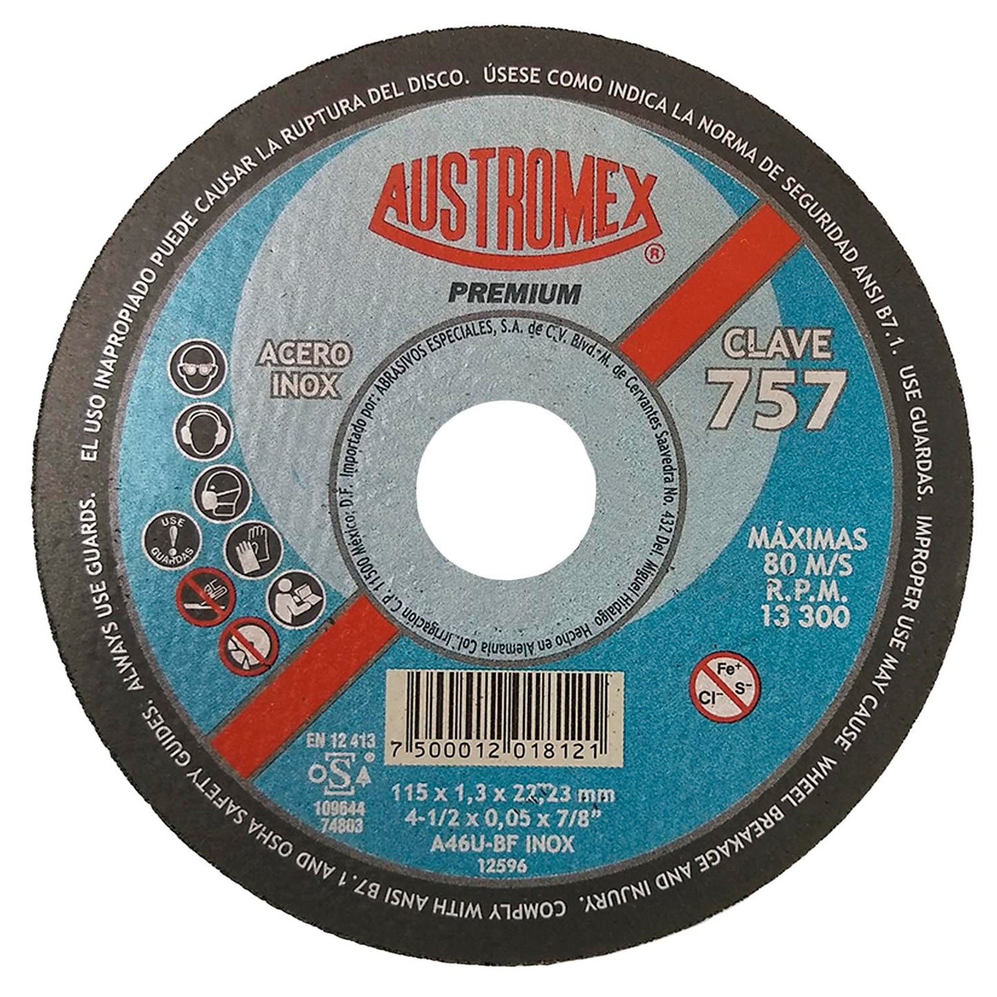 Elaborado con óxido de aluminio.,Corte de acero inoxidable.,Diámetro: 4 1/2"(114 mm).,Eje: 7/8"(22.23 mm).,Espesor: 1.3 mm,Velocidad 13300 RPM,Disco para Corte metal (solidos).,Usar guantes y lentes de protección al momento de su uso.,Disco para usuarios que gustan de cortes suaves que no forzan su maquina.