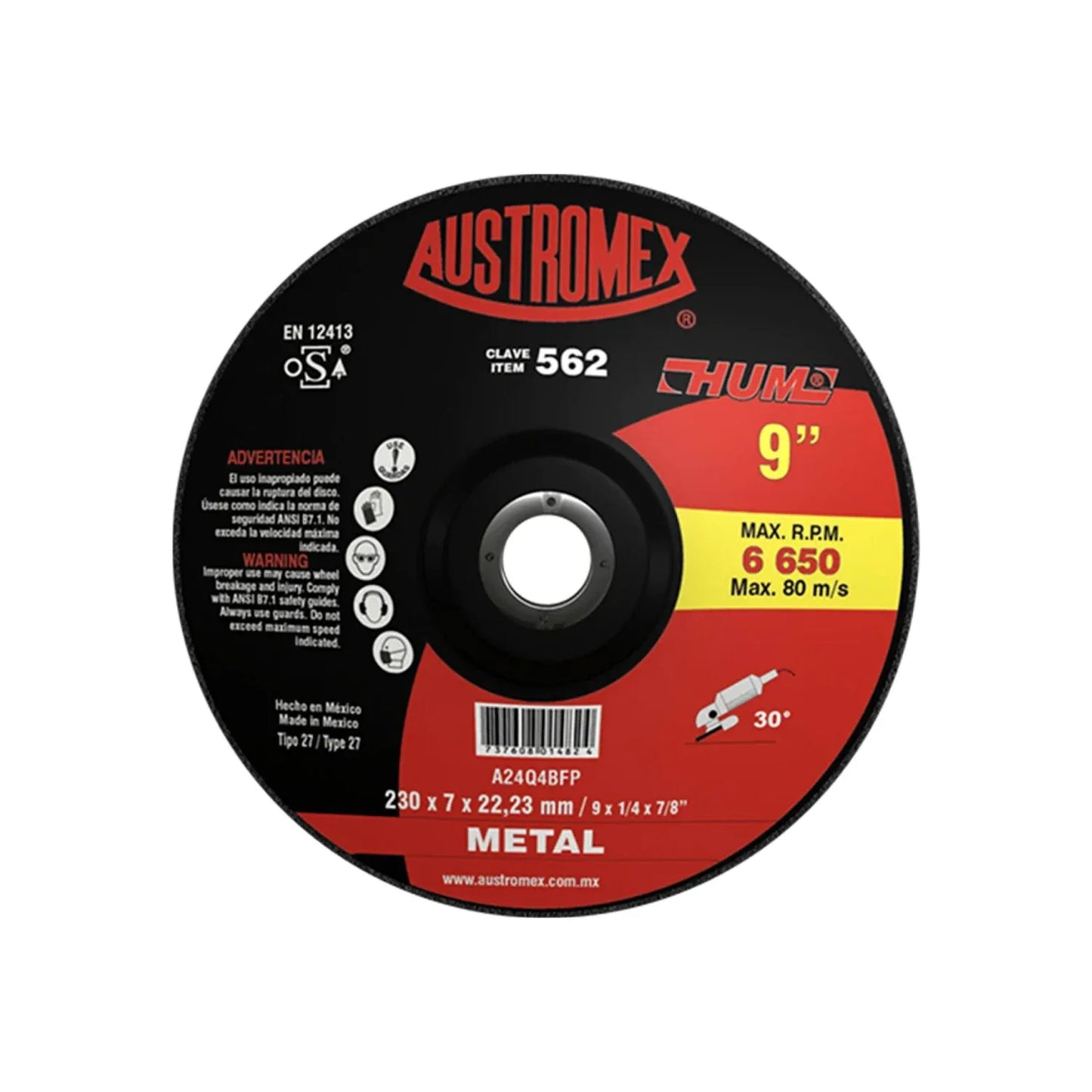 Elaborado con óxido de aluminio.,Desbaste de metal.,Diámetro: 9"(228.6 mm).,Eje: 7/8"(22.23 mm).,Espesor: 1/4"(6 mm).,Velocidad 6650 RPM,Tipo 27,Utilice en una esmeriladora angular.,Se requiere adaptador para el correcto montaje de disco para centro deprimido.,Usar guantes y lentes de protección al momento de su uso.