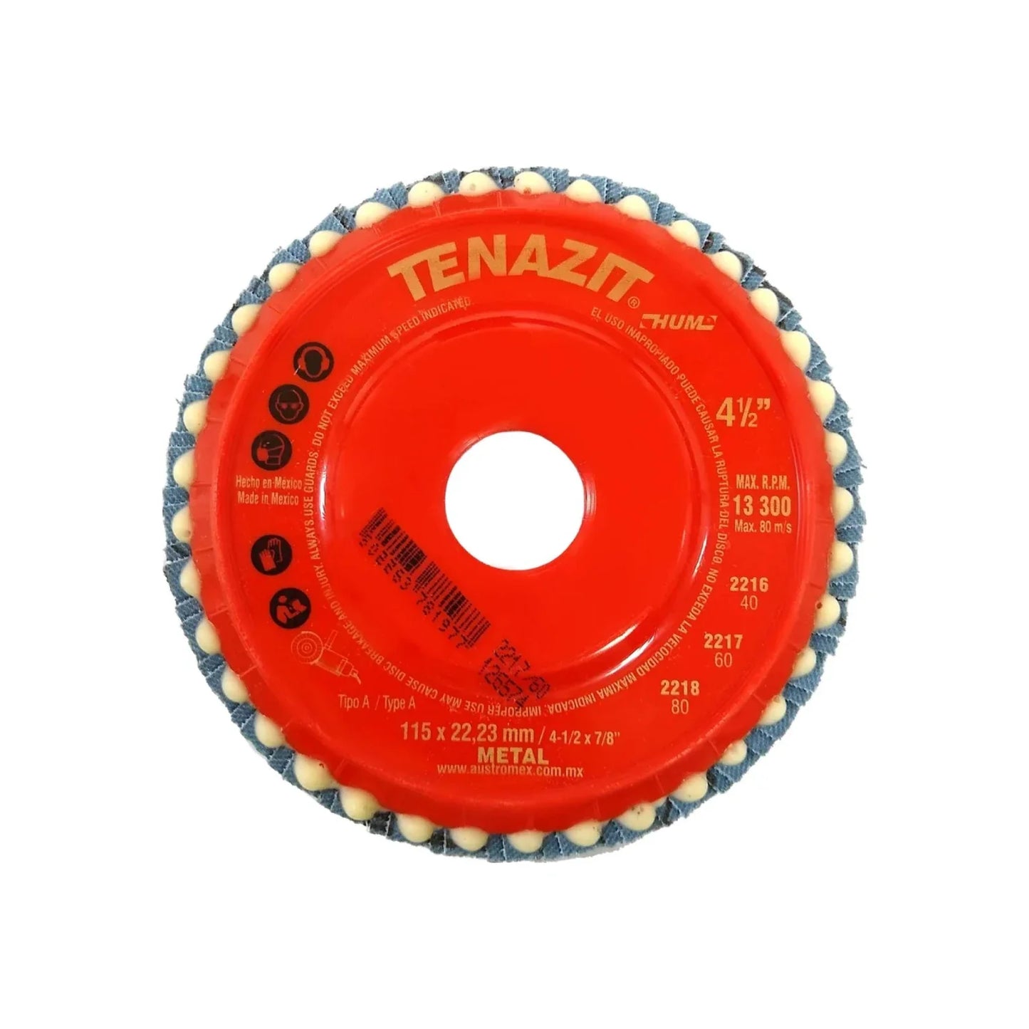 Elaborado con zirconio y óxido de aluminio.,Diámetro: 4 1/2"(114 mm).,Eje: 7/8"(22.23 mm).,Velocidad 13300 RPM,Disco laminado grano 60,Respaldo de plástico ABS,Para desbaste rápido de acero inoxidable acero al carbón y soldadura.,Usar guantes y lentes de protección al momento de su uso.