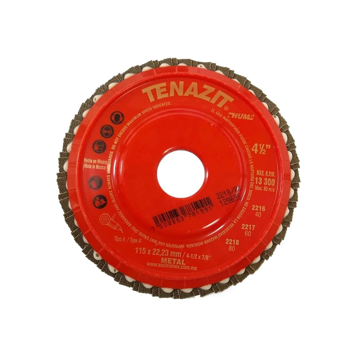 Elaborado con zirconio y óxido de aluminio.,Diámetro: 4 1/2"(114 mm).,Eje: 7/8"(22.23 mm).,Velocidad 13300 RPM,Disco laminado grano 80,Respaldo de plástico ABS,Para desbaste rápido de acero inoxidable acero al carbón y soldadura.,Usar guantes y lentes de protección al momento de su uso.