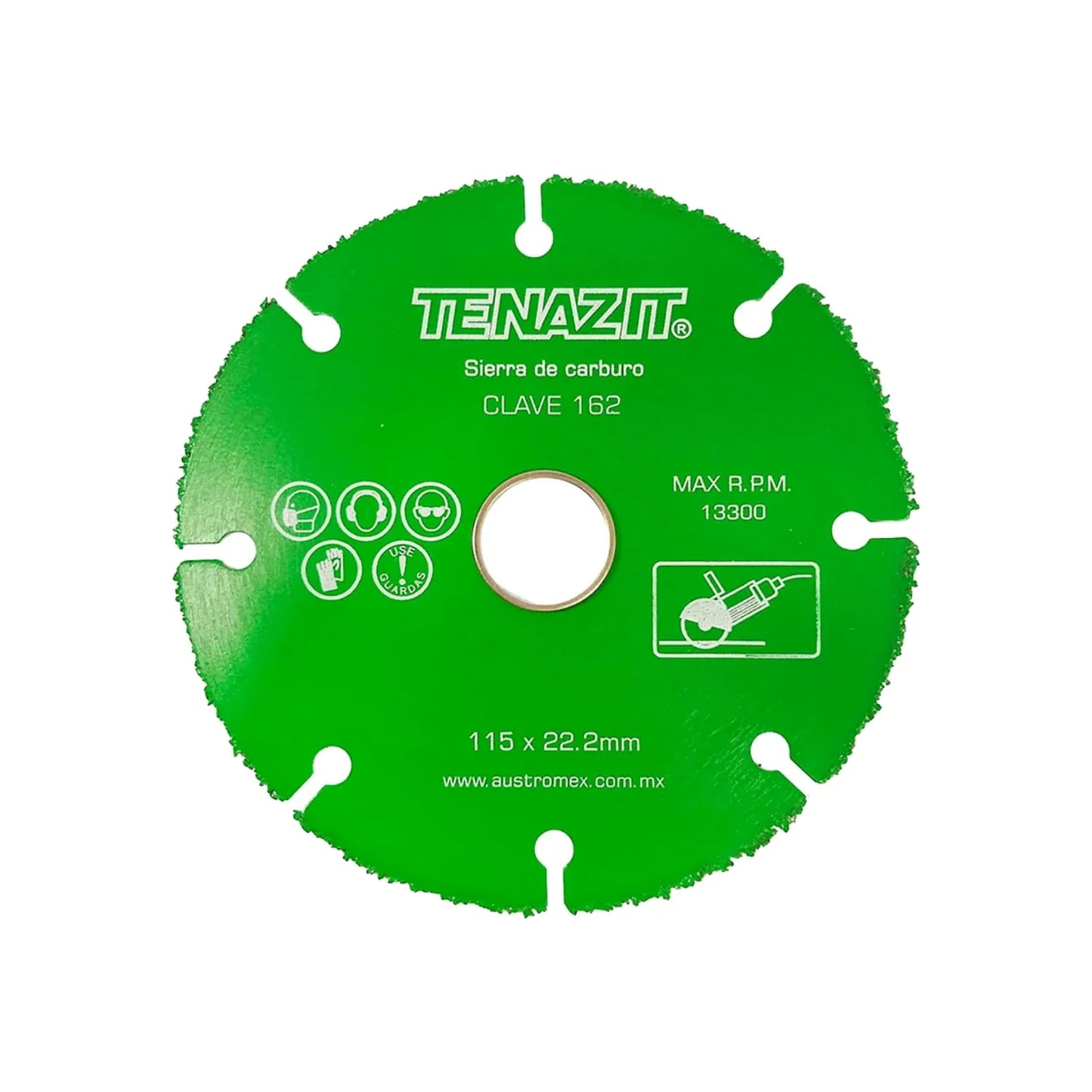 Elaborado con carburo de tungsteno.,Sierra metálica.,Ideal para corte de madera aglomerado, MDF, plástico, fibra de vidrio, resina epódica y laminado.,Velocidad: 13300 RPM,115 x 22.2 mm,4 ½" x 7/8"