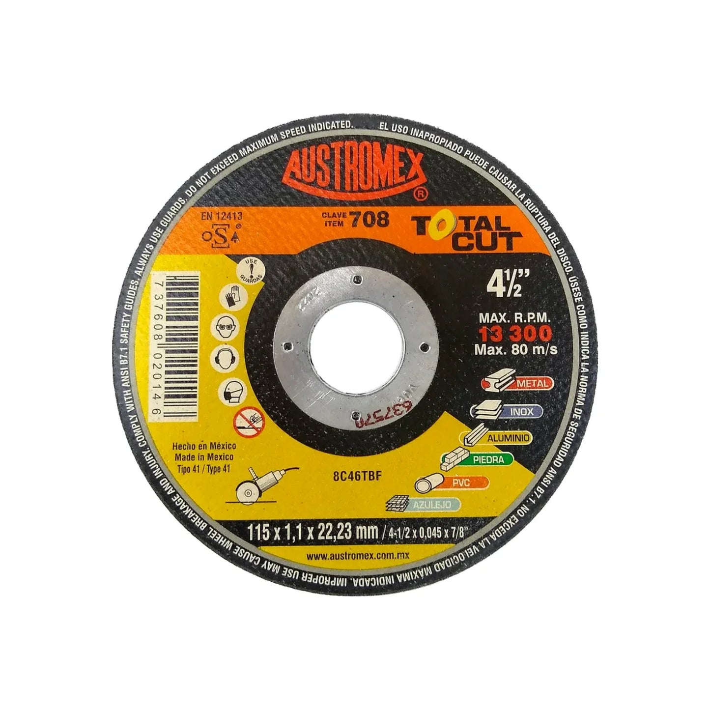 Elaborado con óxido de aluminio y carburo de silicio.,Disco de corte para metal centro recto.,Corte rápido multiconstrucción.,Diámetro: 4 1/2"(114 mm).,Eje: 7/8"(22.23 mm).,Espesor:3/64" (1 mm).,Velocidad 13300 RPM,Utilice en una esmeriladora angular.,Ideal para corte metal, inoxidable, aluminio, cobre, latón, piedra, PVC, loseta cerámica y azulejo.,Usar guantes y lentes de protección al momento de su uso.