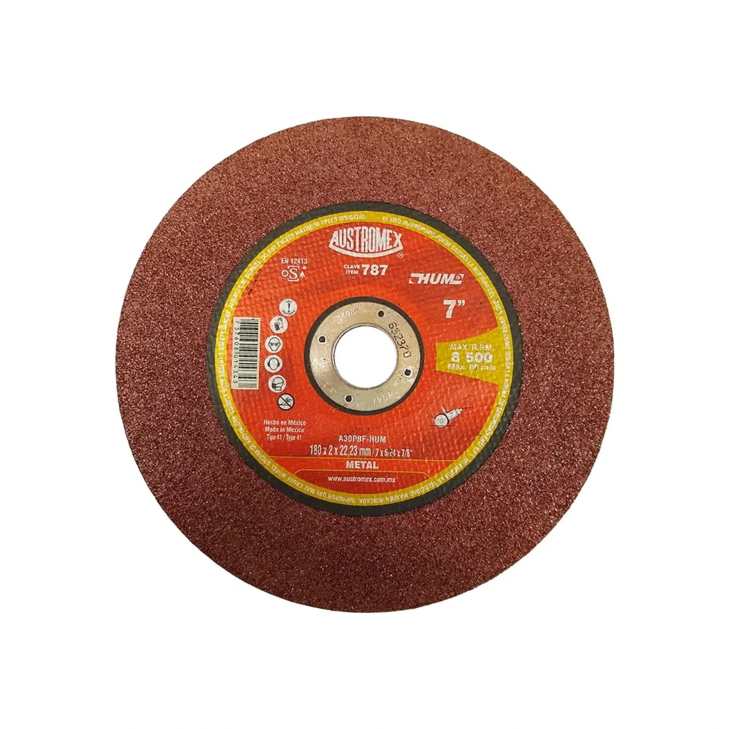 Elaborado con óxido de aluminio.,Corte metal.,Diámetro: 7"(180 mm).,Eje: 7/8"(22.23 mm).,Espesor: 5/64"(3.2 mm).,Tipo 41,Velocidad 8500 RPM,Utilice en una esmeriladora angular.,Nunca utilizar el disco mojado.,Usar guantes y lentes de protección al momento de su uso.