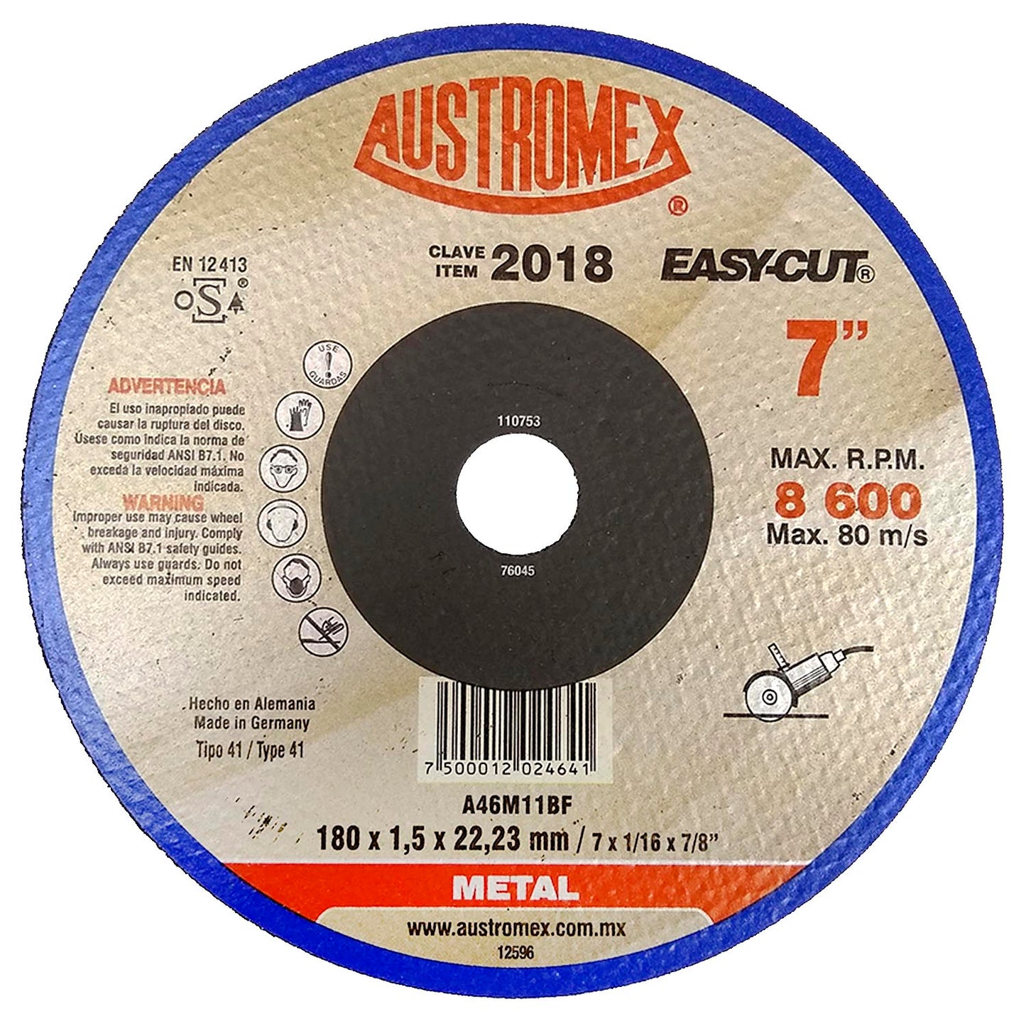 Elaborado con óxido de aluminio.,Corte metal.,Diámetro: 7"(180 mm).,Eje: 7/8"(22.23 mm).,Espesor: 1/16"(1.6 mm).,Tipo 41,Velocidad 8500 RPM,Corte precisos.,Usar guantes y lentes de protección al momento de su uso.