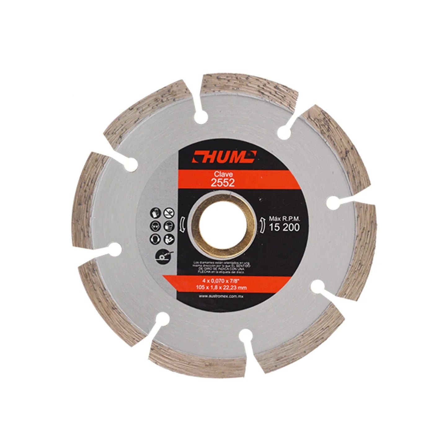 Disco de diamante segmentado.,Corte de materiales de construcción en general.,Diámetro: 4"(102 mm).,Eje: 7/8"(22.23 mm).,Espesor: 2 mm,Velocidad 14500 RPM,Ideal para concreto, mármol, granito o cantera.,Uso no intensivo.,La mejor opción precio-rendimiento.,Usar guantes y lentes de protección al momento de su uso.