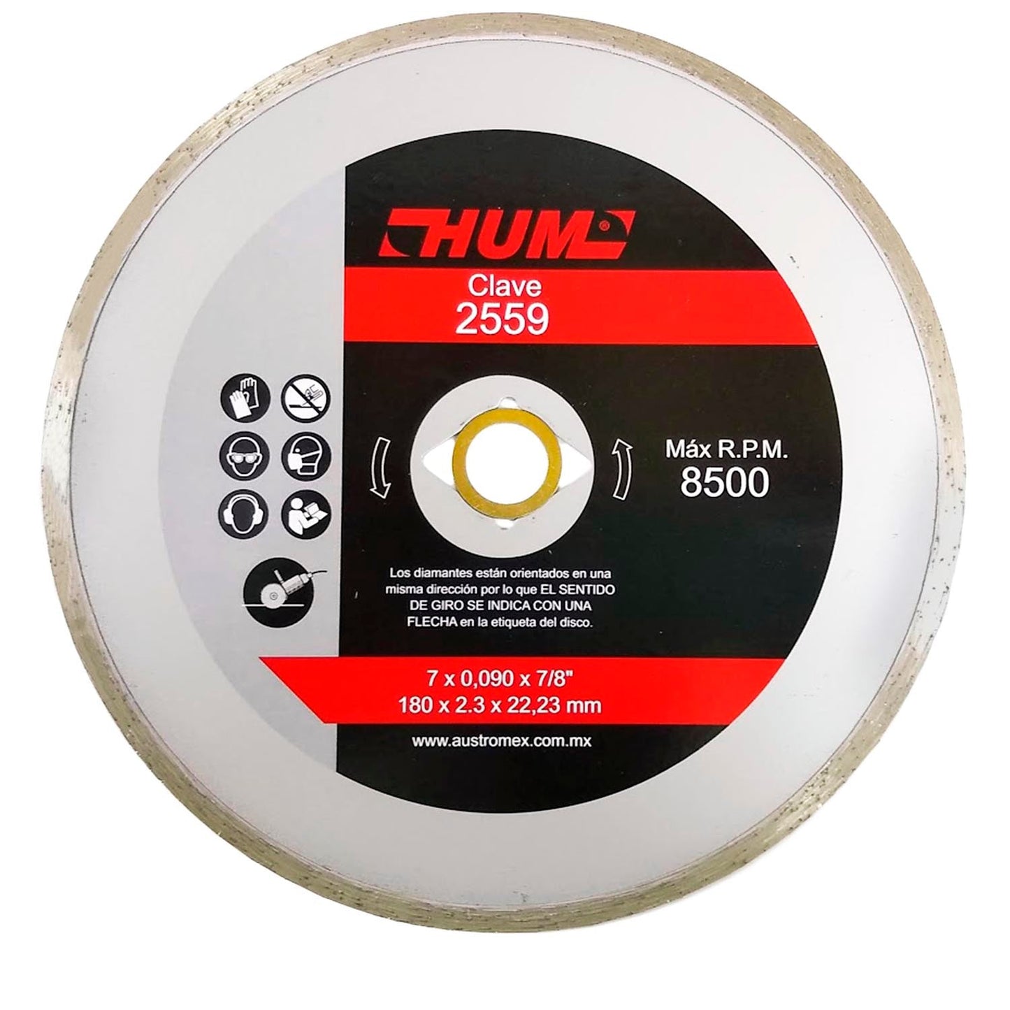 Disco diamantado rÃn continuo.,Corte para materiales de construcción.,Diámetro: 7"(180 mm,Eje: 7/8"(22.23 mm).,Espesor: 5/64" (2.3 mm).,Velocidad 8500 RPM,Ideal para corte de loseta cerámica, porcelanato y materiales duros donde el acabado sea un requerimiento importante.,Uso no intensivo, la mejor relación precio-rendimiento.,Se puede utilizar con esmeriladora angular y sierra circular.,Usar guantes y lentes de protección al momento de su uso.