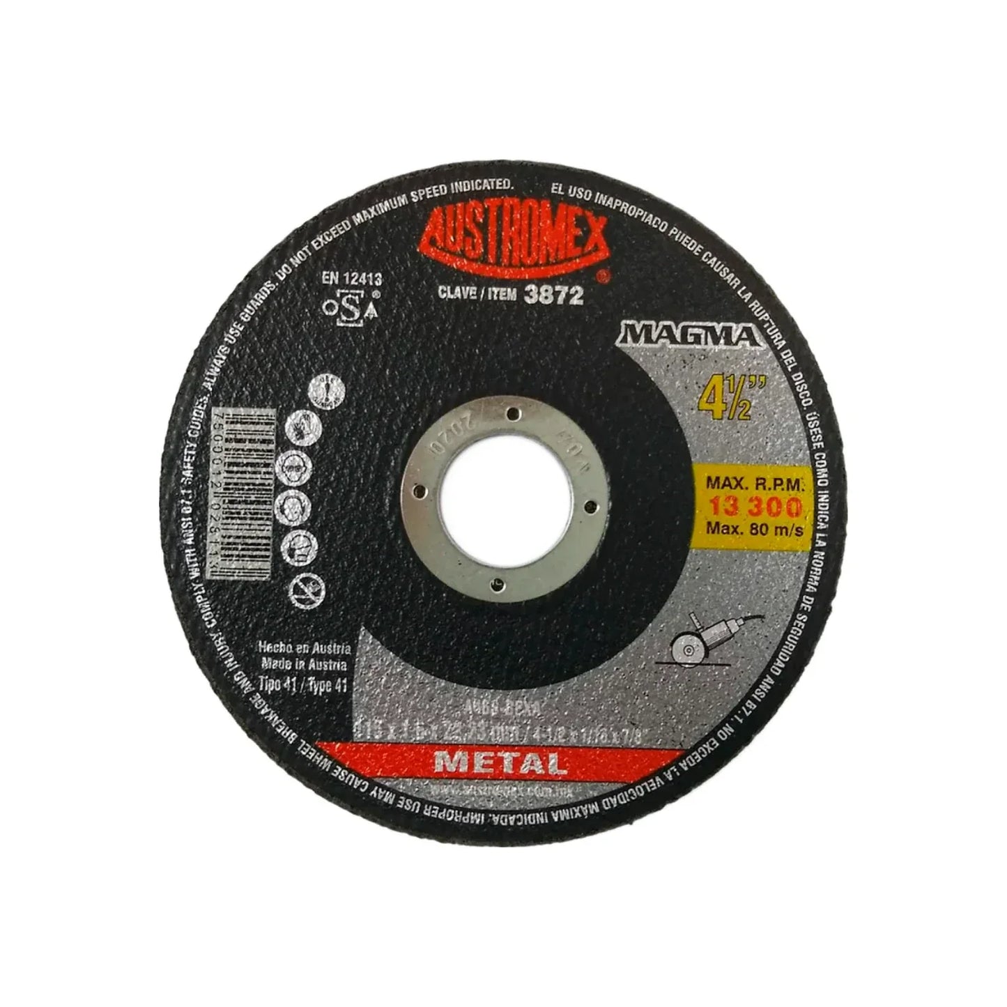Elaborado con óxido de aluminio.,Corte metal.,Diámetro: 4 1/2"(114 mm).,Eje: 7/8"(22.23 mm).,Espesor: 1/16"(1.6 mm).,Tipo 41,Velocidad 13300 RPM,Para corte preciso de metal.,Máximo poder y velocidad de corte.,Usar guantes y lentes de protección al momento de su uso.