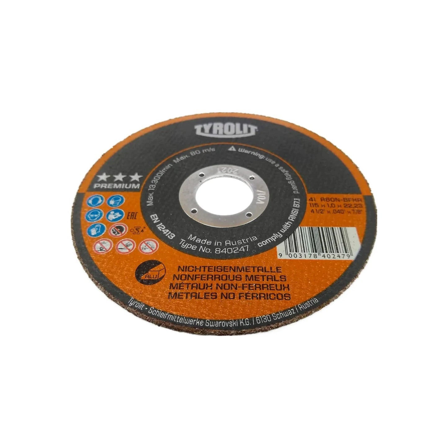 Disco de corte Tyrolit 4 1/2" para aluminio y metales no férricos, 1.0mm de espesor, naranja