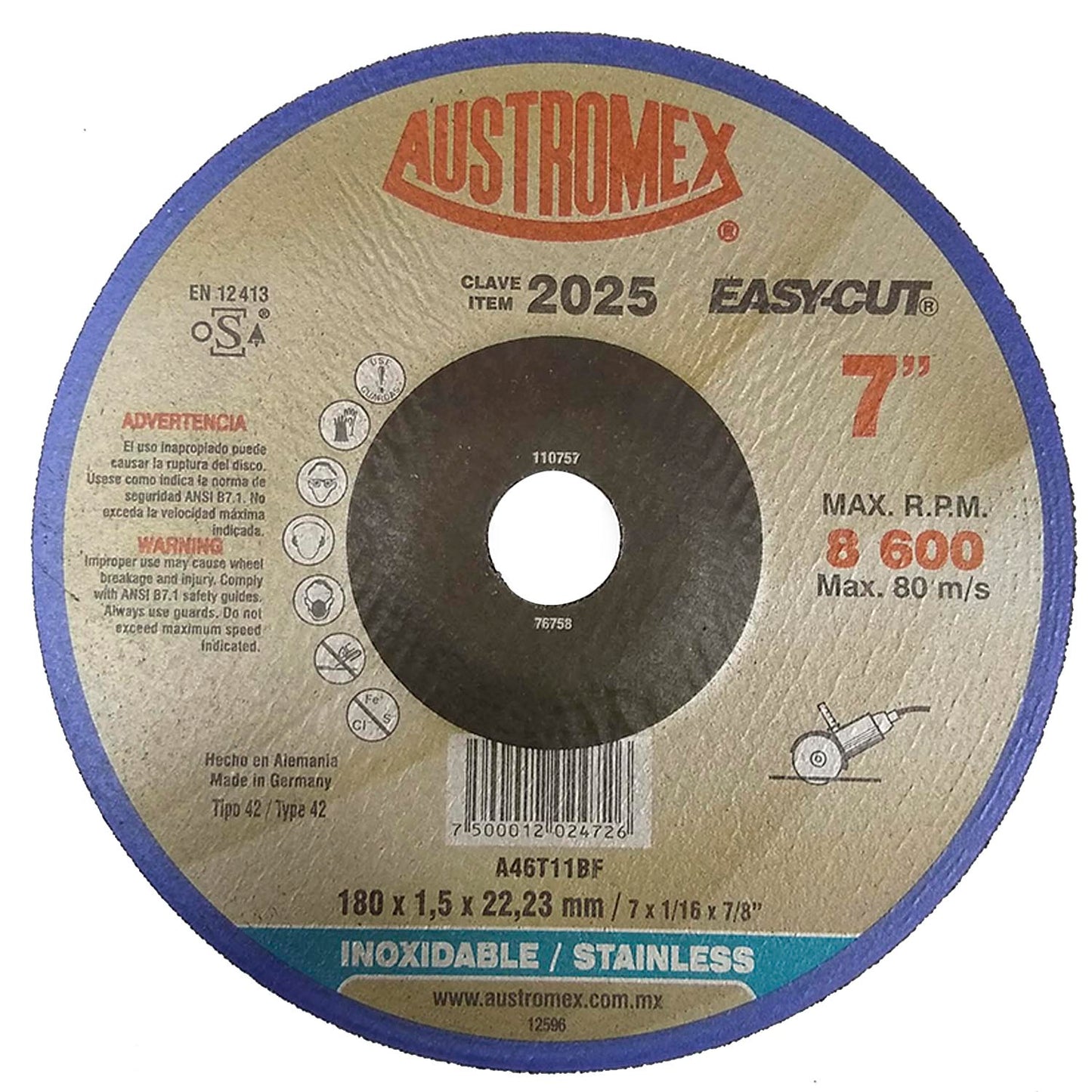Elaborado con óxido de aluminio.,Corte acero inoxidable.,Diámetro: 7"(180 mm).,Eje: 7/8"(22.23 mm).,Espesor: 1/16"(1.6 mm).,Tipo 42,Velocidad 8600 RPM,Utilice en una esmeriladora angular.,Se requiere adaptador para el correcto montaje de disco para centro deprimido.,Usar guantes y lentes de protección al momento de su uso.