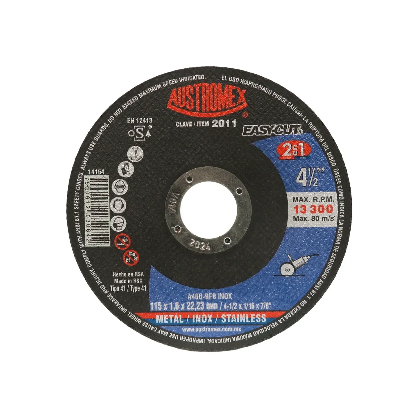 Disco para corte metal y acero inoxidable.,Diámetro: 4 1/2"(114 mm).,Eje: 7/8"(22.23 mm).,Espesor: 1/16" (1.6 mm).,Tipo 41,Velocidad 13300 RPM,Abrasivo: Óxido de Aluminio.,Usar guantes y lentes de protección al momento de su uso.