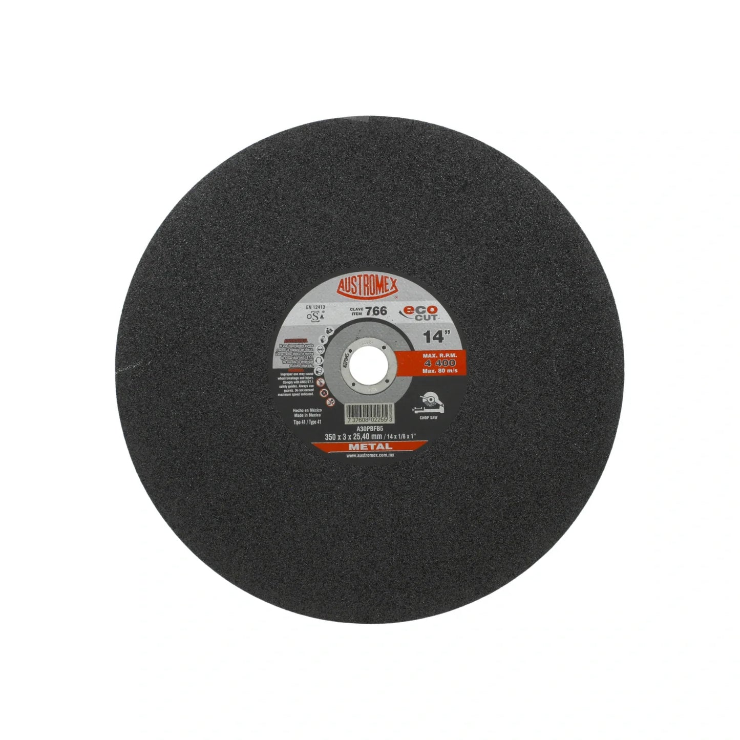 Información Técnica., Fabricado con óxido de aluminio., Corte metal., Diámetro: 14" (355 mm)., Eje: 1"(25.40 mm)., Espesor: 3 mm, Tipo: 41, Velocidad: 4400 RPM, Recomendado para el corte de materiales de metal sólido como: barras circulares o cuadradas y soleras., Refuerzo: 1 Malla central., Usar guantes y lentes de protección al momento de su uso.