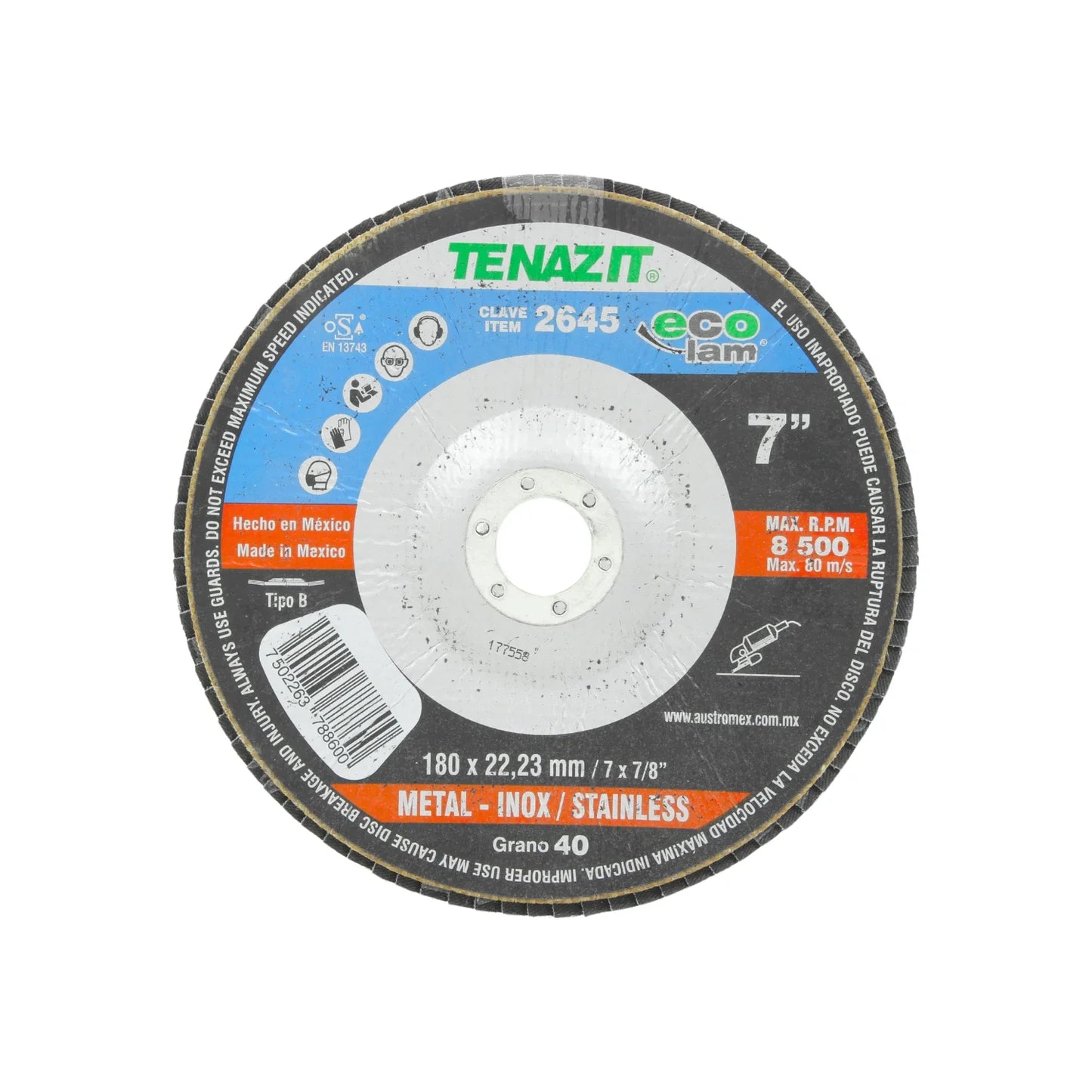 Información Técnica., Disco laminado., Tipo B, Diámetro: 7" (180 mm), Eje: 7/8" (22.23 mm)., Velocidad 8500 RPM, Grano 40, Disco para desbaste y pulido., Para desbaste de acero inoxidable, acero al carbón y soldadura., Usar guantes y lentes de protección al momento de su uso.\n\n<strong>La imagen puede diferir un poco del producto final.</strong>