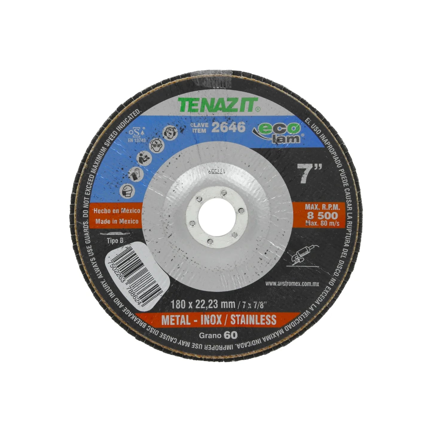 Información Técnica., Disco laminado., Tipo B, Diámetro: 7" (180 mm), Eje: 7/8" (22.23 mm)., Velocidad 8500 RPM, Grano 60, Disco para desbaste y pulido., Para desbaste de acero inoxidable, acero al carbón y soldadura., Usar guantes y lentes de protección al momento de su uso.\n\n<strong>La imagen puede diferir un poco del producto final.</strong>