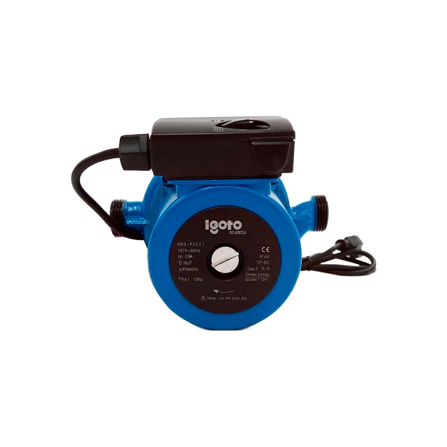 Potencia: 1/3 HP,Embobinado de cobre.,Mejor conducción y menos calentamiento.,Ideal para el uso agrícola y doméstico.