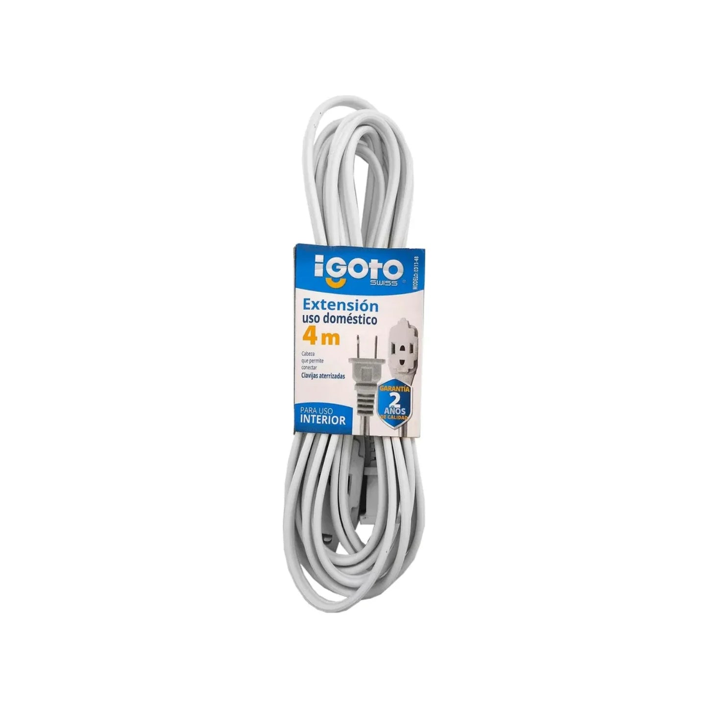Cable calibre 16 AWG,Extensión de 4 m de largo.,Tensión 127 V - corriente 13 A,Contactos aterrizados.