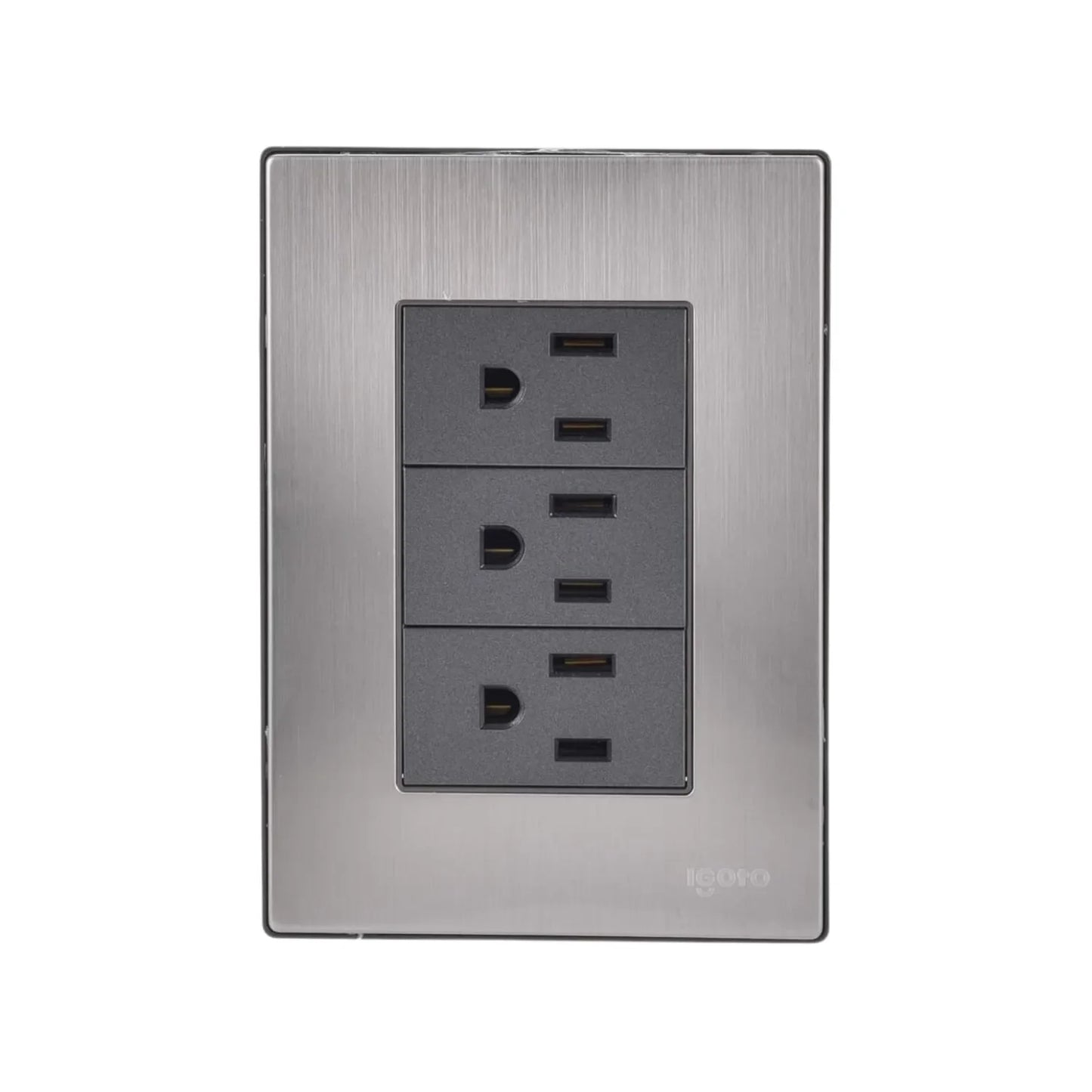 Fabricada de acero inoxidable.,Placa 3 contactos.,127 V - 10 A - 60 Hz,Mecanismos de cobre y latón.,Policarbónato auto extinguible.,Fácil de instalar.
