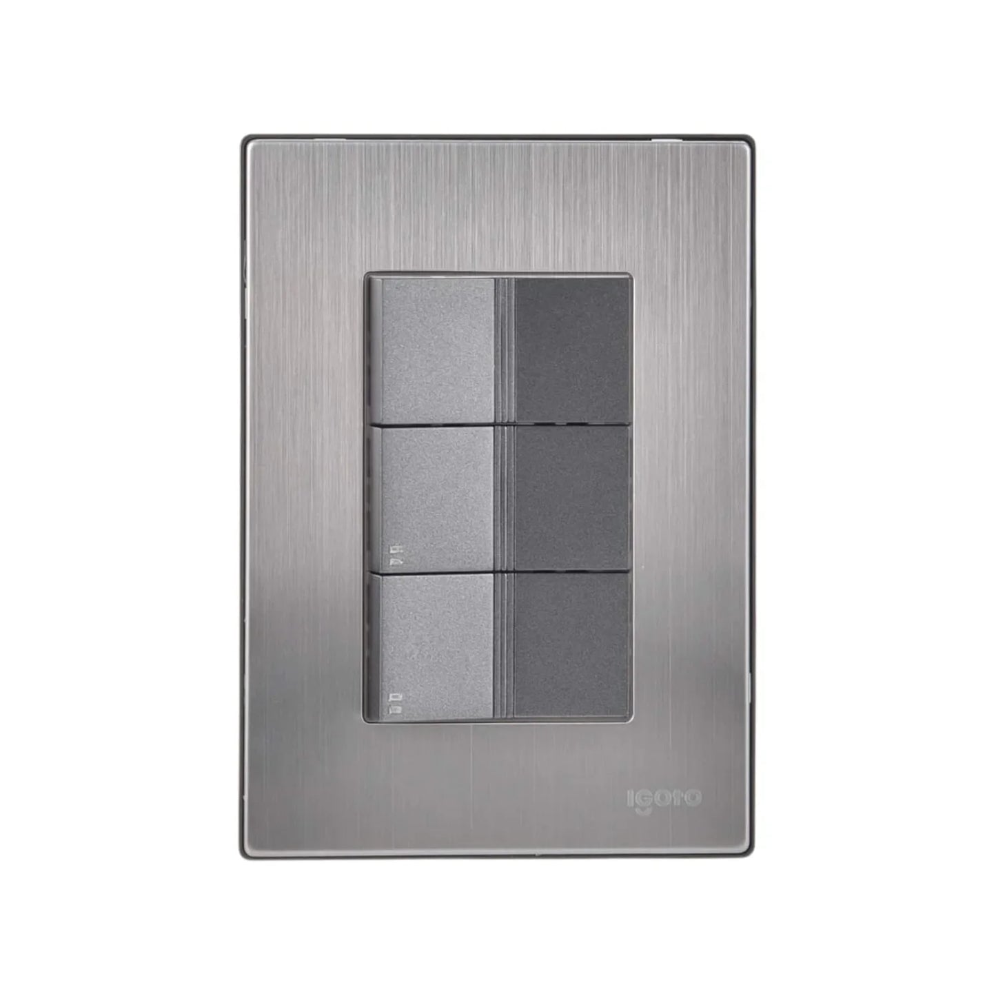 Fabricada de acero inoxidable.,Placa de 3 apagadores escalera.,127 V - 10 A - 60 Hz,Mecanismos de cobre y latón.,Policarbónato auto extinguible.,Fácil de instalar.